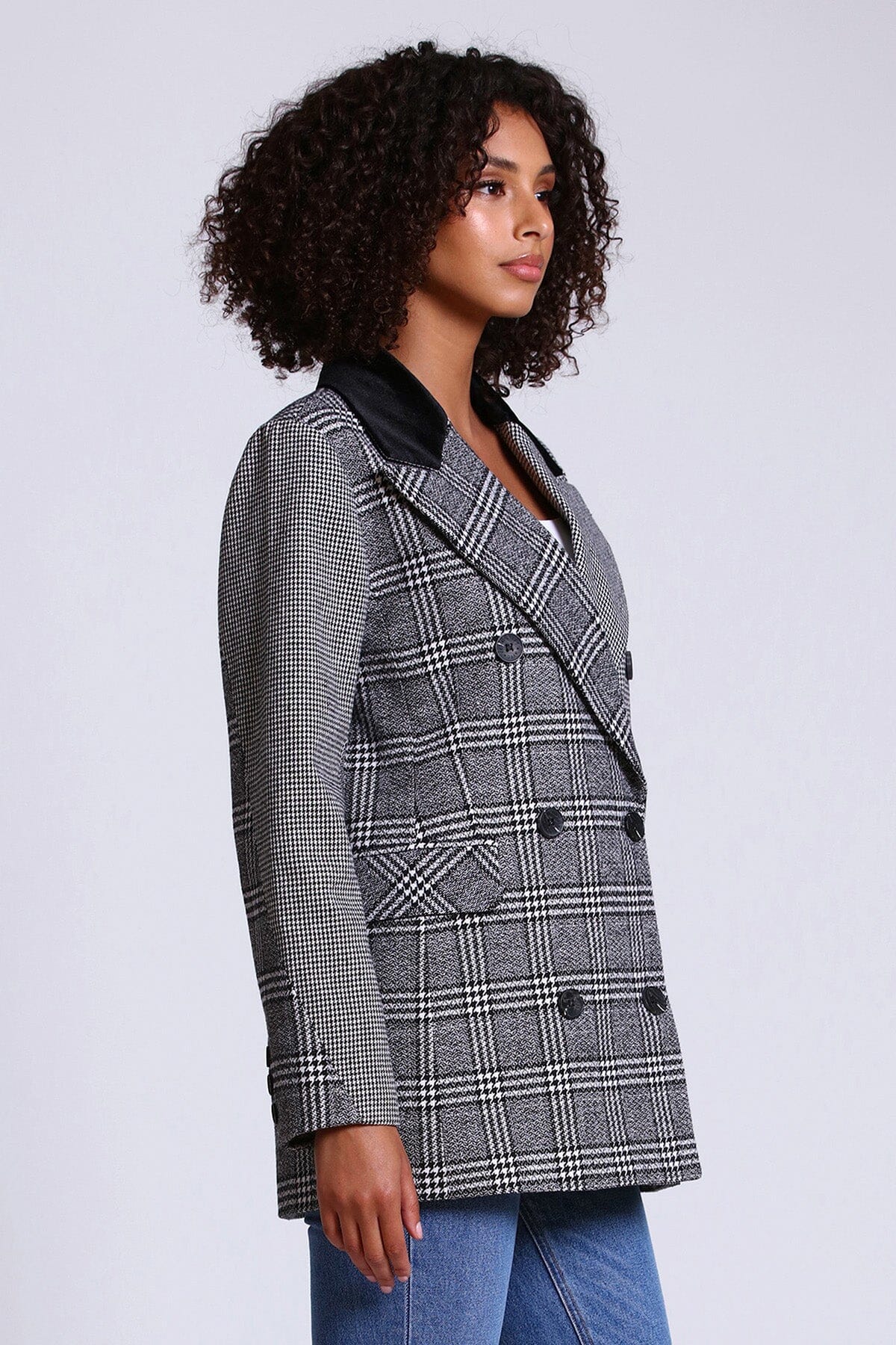 houndstooth mixed media plaid double breasted blazer coat jacket - figure flattering date night blazers outerwear for women 