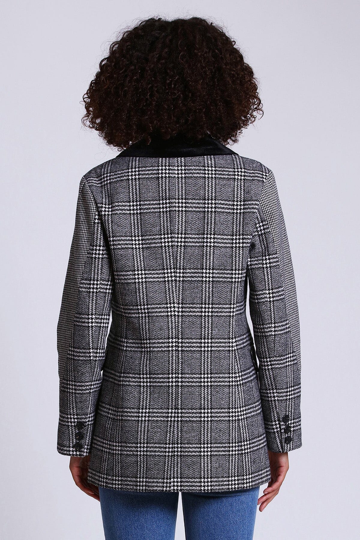 houndstooth mixed media plaid double breasted blazer coat jacket - women's figure flattering cute fall 2023 blazers coats jackets