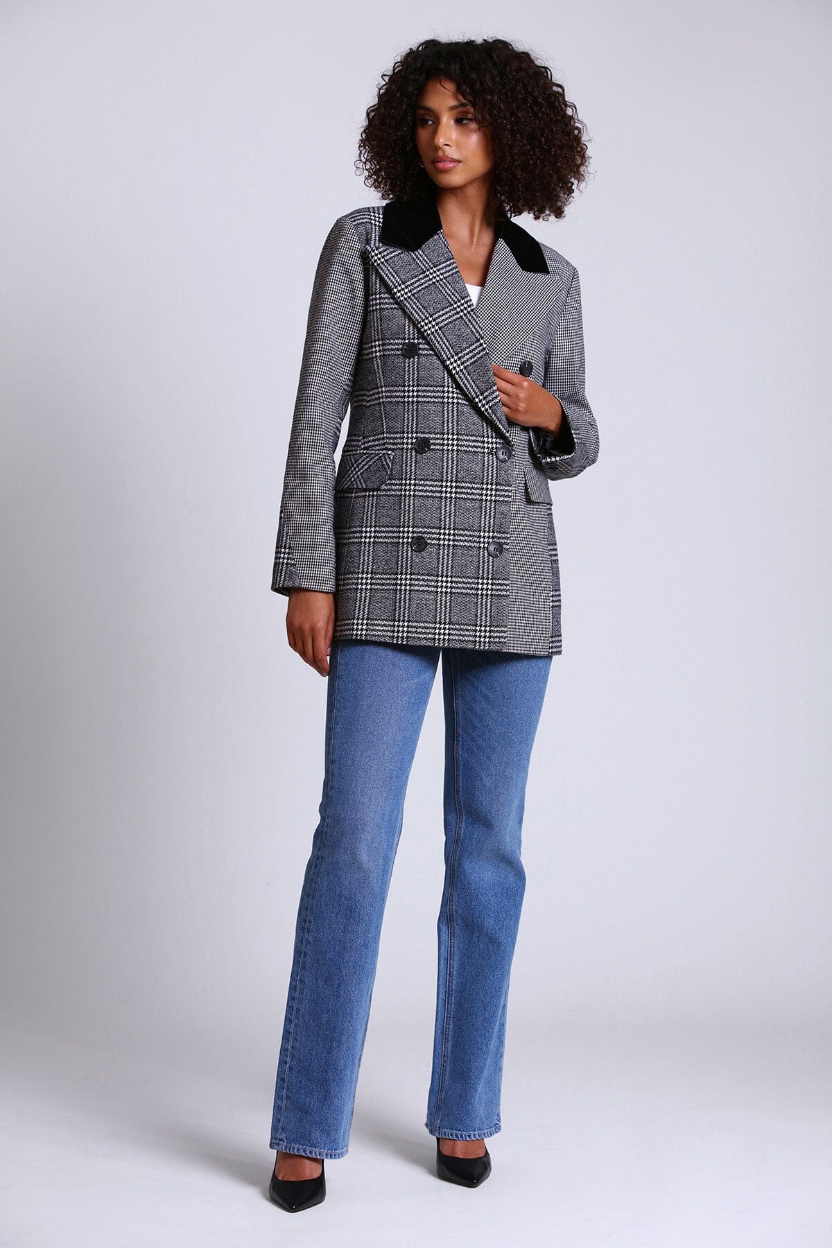 houndstooth mixed media plaid double breasted blazer coat jacket - women's figure flattering office to date night coats jackets blazers