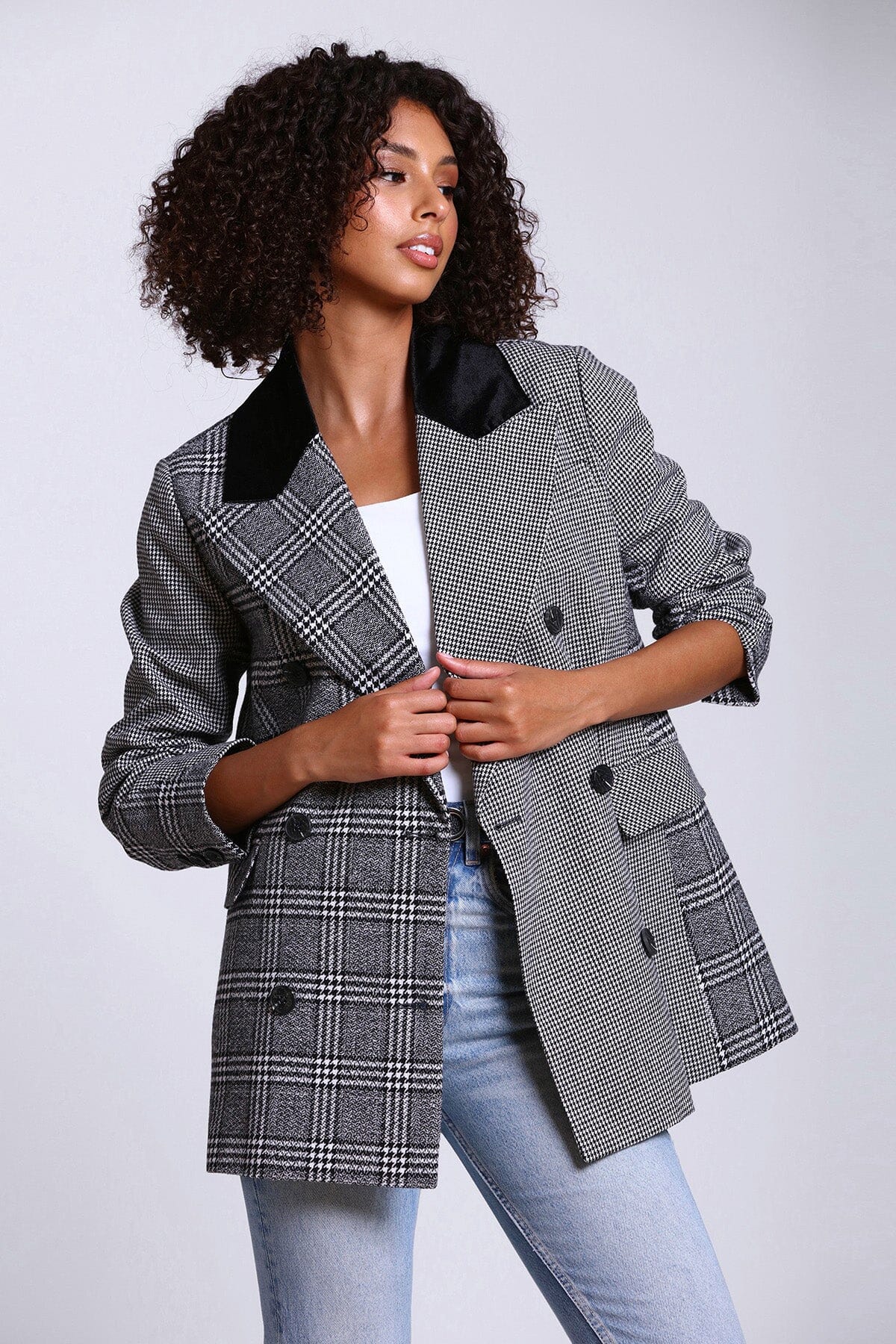 houndstooth mixed media plaid double breasted blazer coat jacket - figure flattering office to date night coats jackets blazers for women