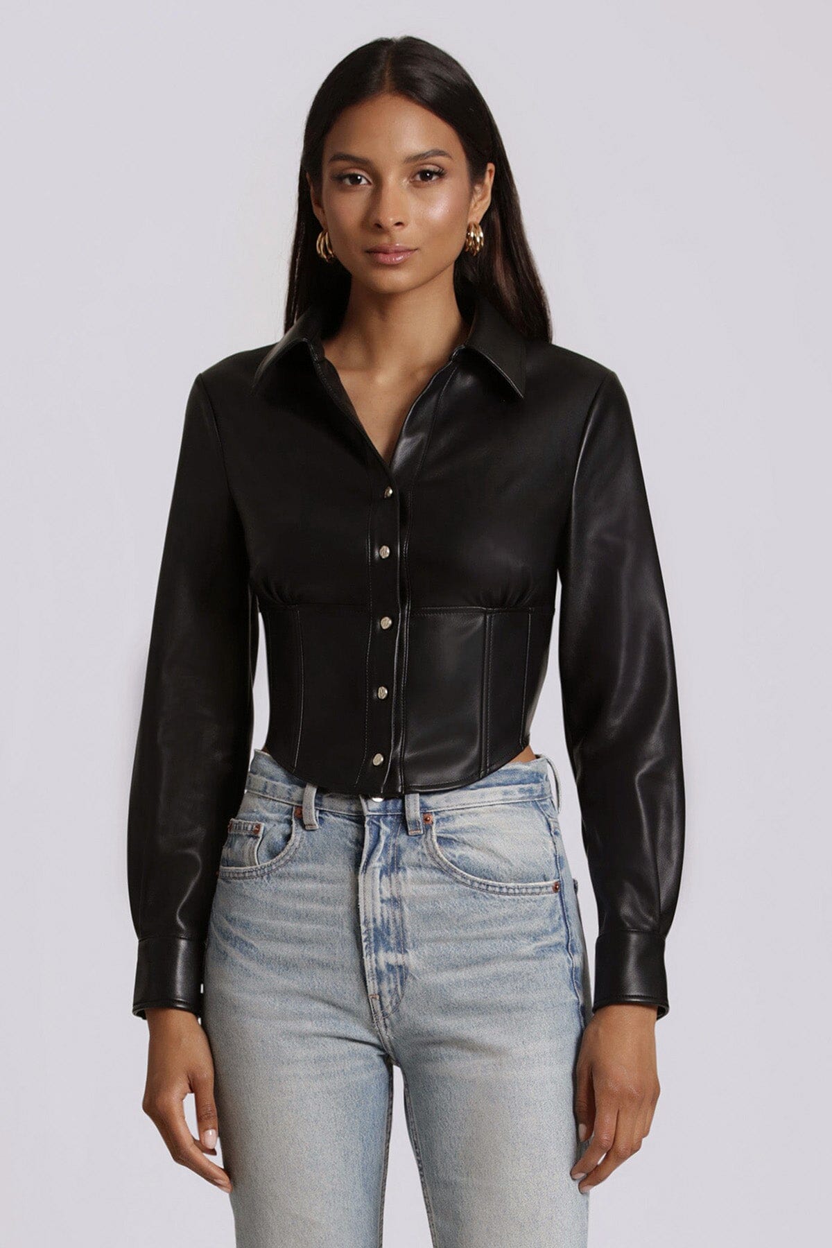 Black faux ever leather long sleeve corset shirt - figure flattering day to night tops shirts for ladies