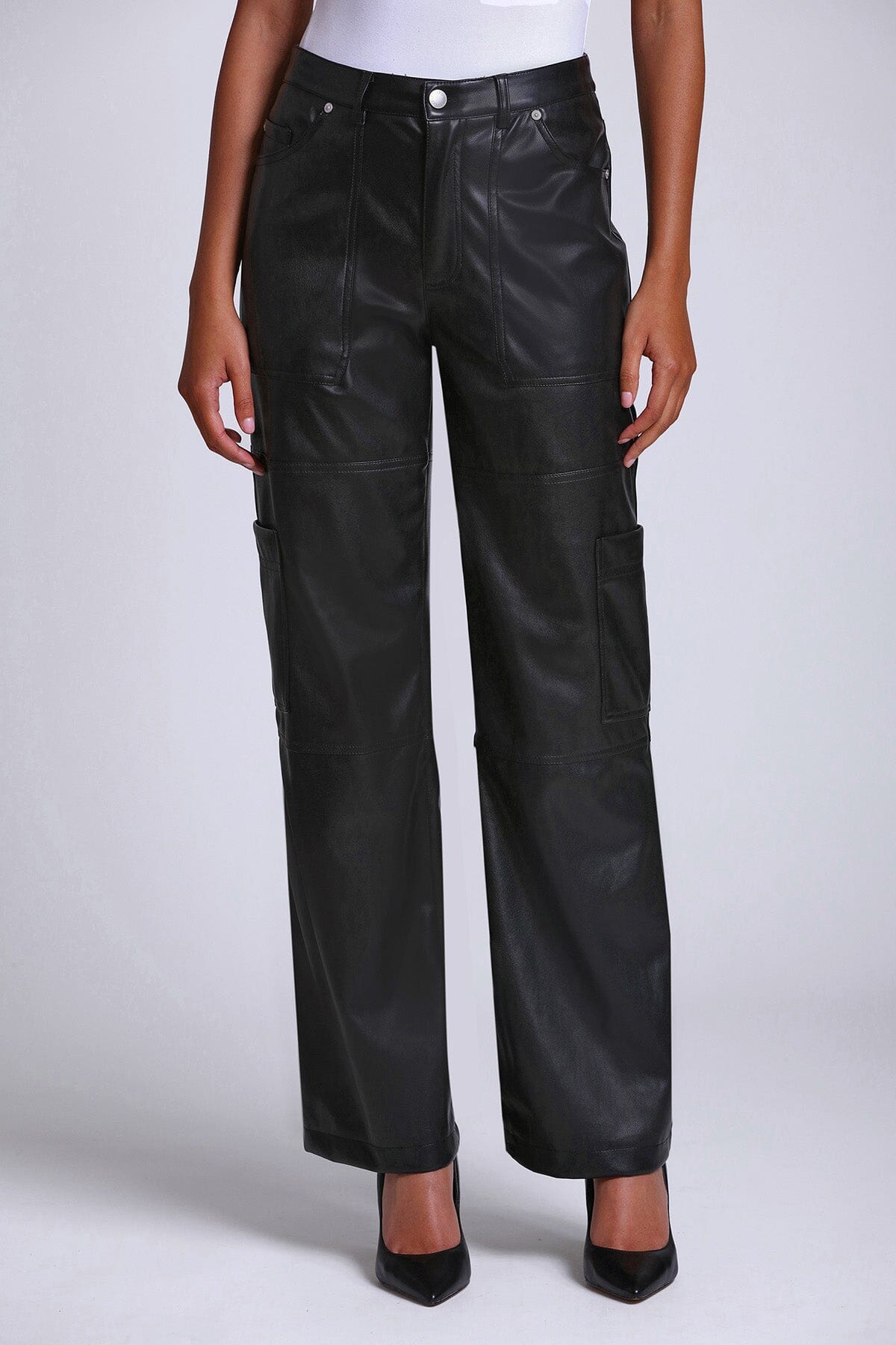 black faux ever leather wide leg cargo pant - women's figure flattering designer fashion day to night pants