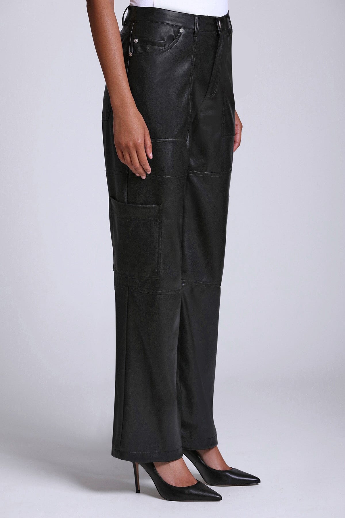 black faux ever leather wide leg cargo pant - figure flattering designer fashion office to date night pants for women