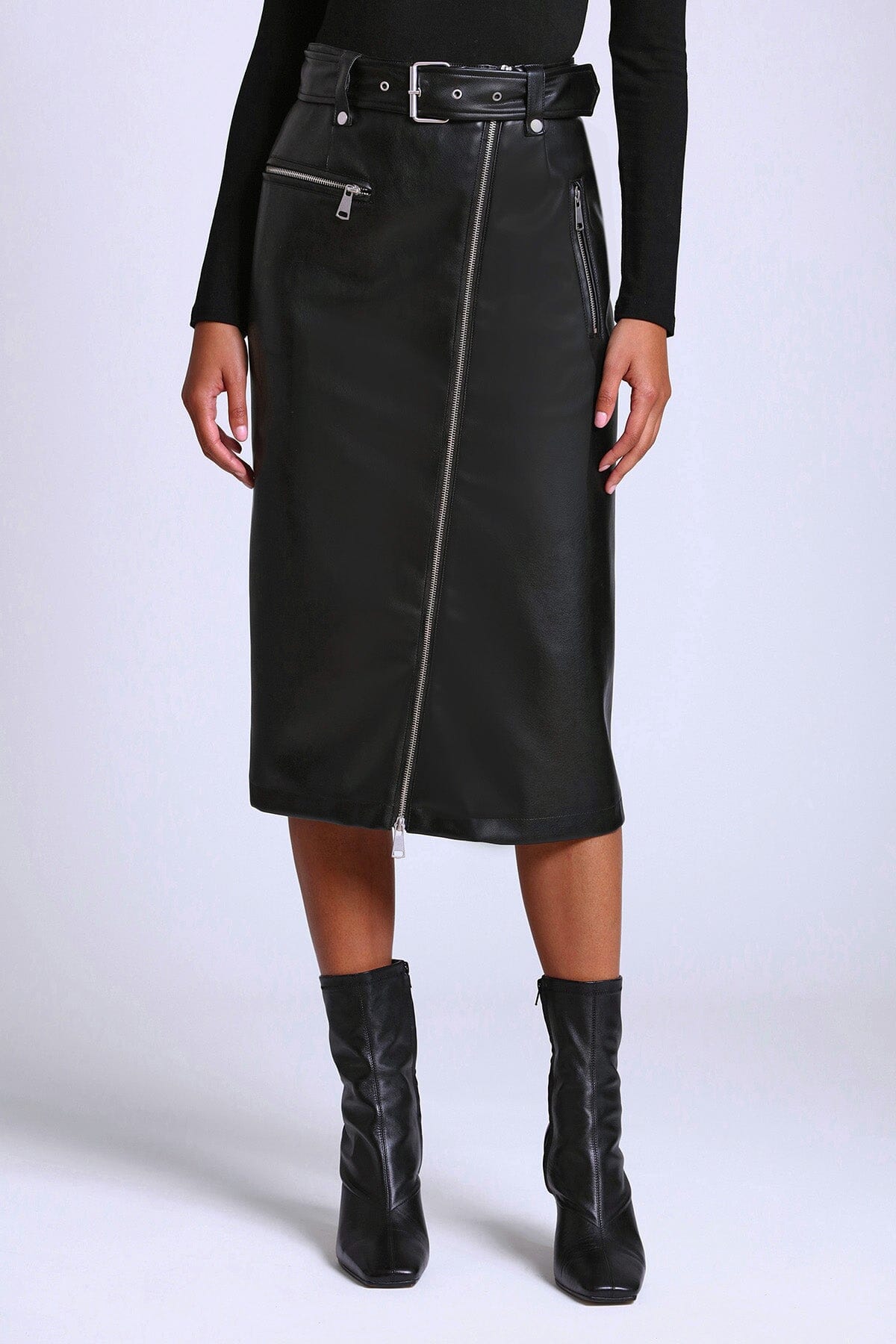 Black faux leather long moto below knee slim skirt by Avec Les Filles fashion skirts