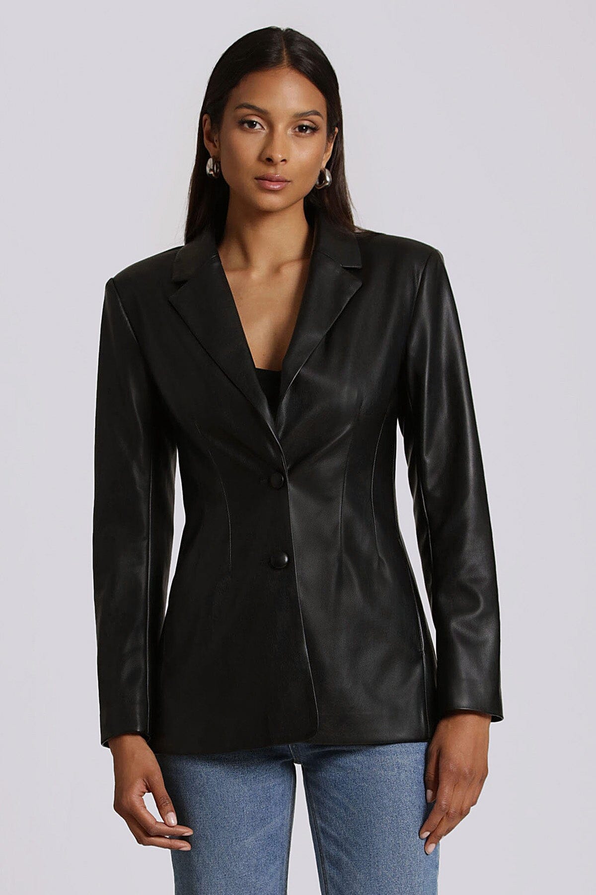 faux ever leather sculpted blazer jacket coat black - women's figure flattering day to night blazers outerwear