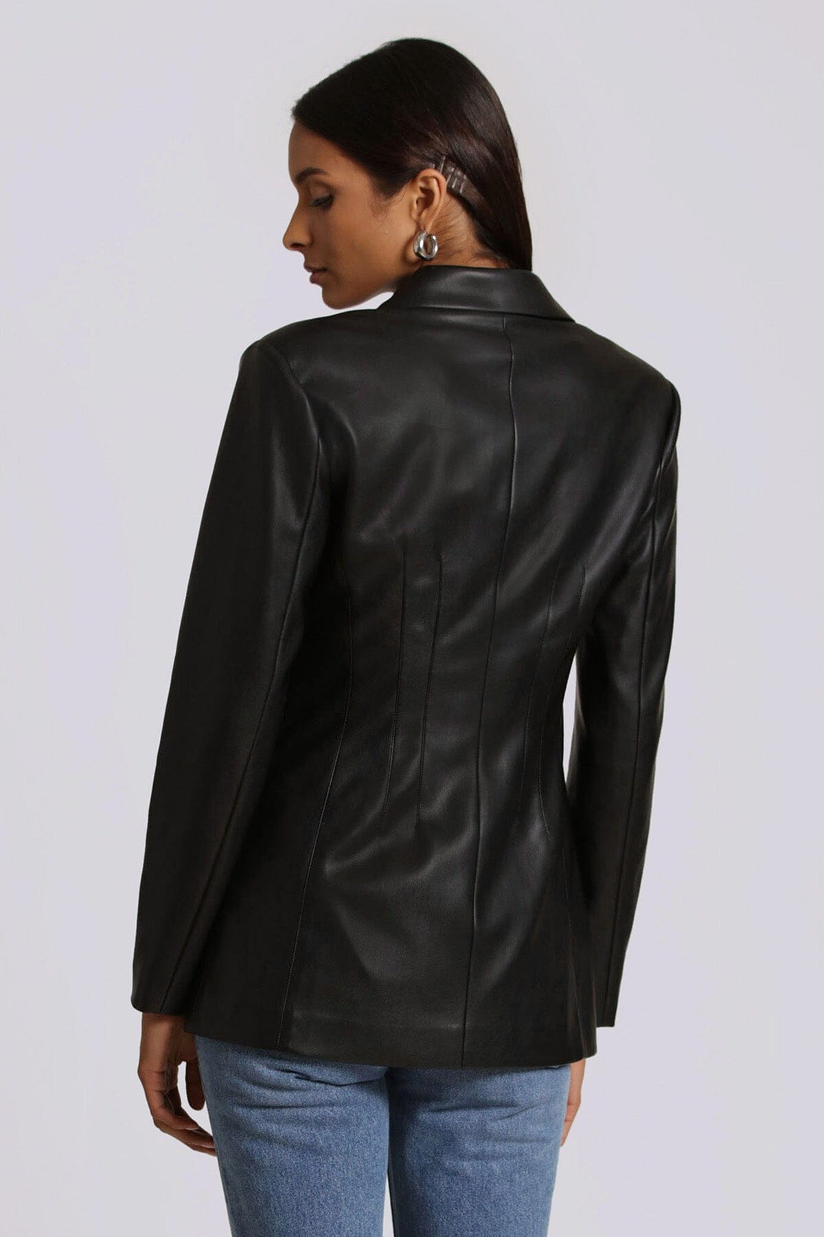 faux ever leather sculpted blazer jacket coat black - figure flattering winter 2023 blazers outerwear for women