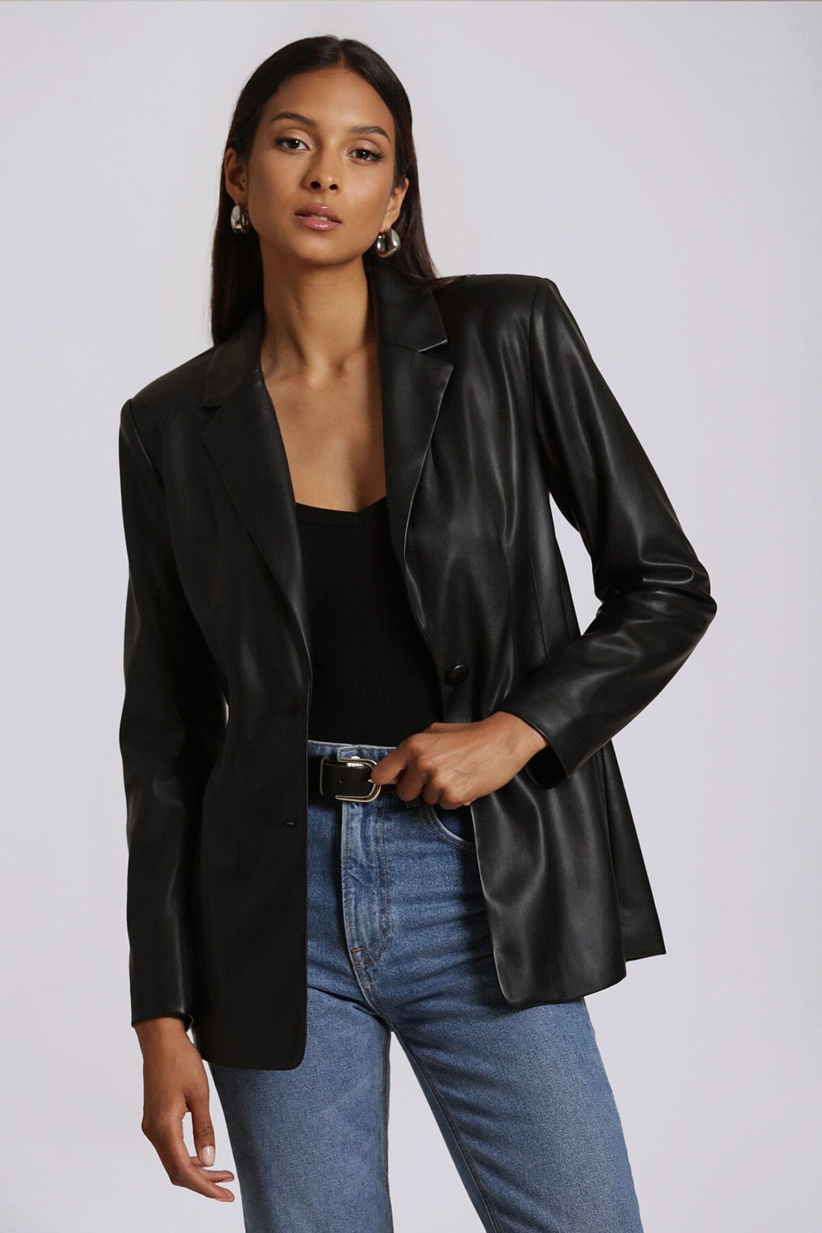 faux ever leather sculpted blazer jacket coat black - figure flattering office to date night blazers coats jackets for women