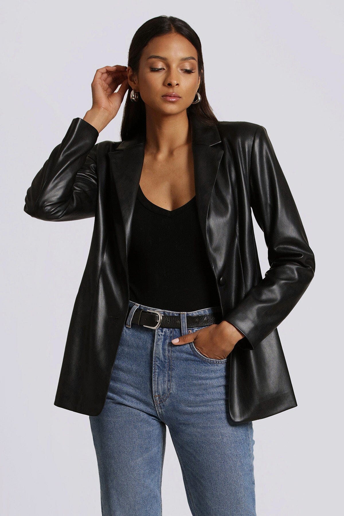 faux ever leather sculpted blazer jacket coat black - women's figure flattering work appropriate blazers outerwear 