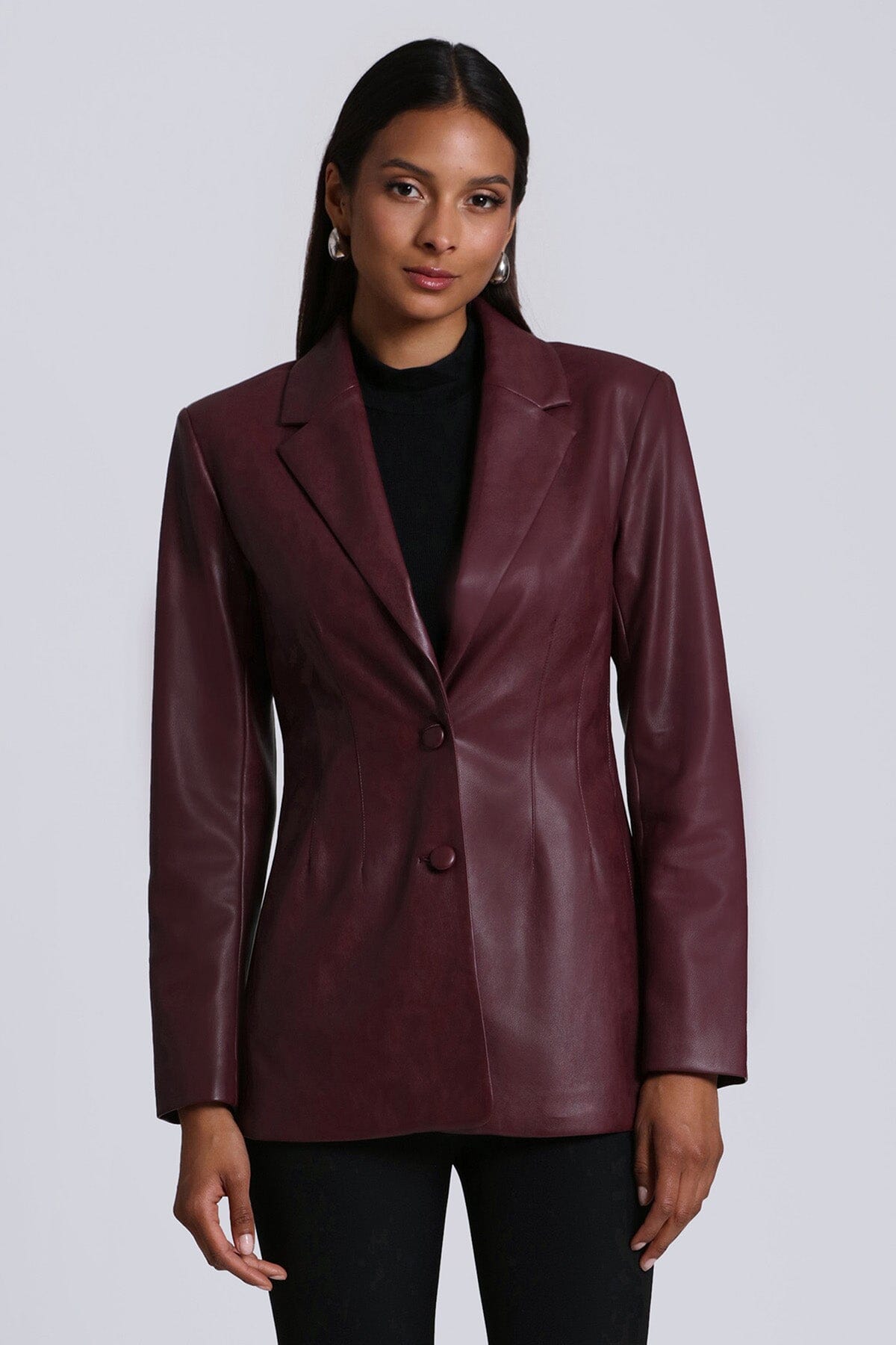 faux ever leather sculpted blazer jacket coat oxblood red - figure flattering designer fashion office to date night coats jackets blazers outerwear