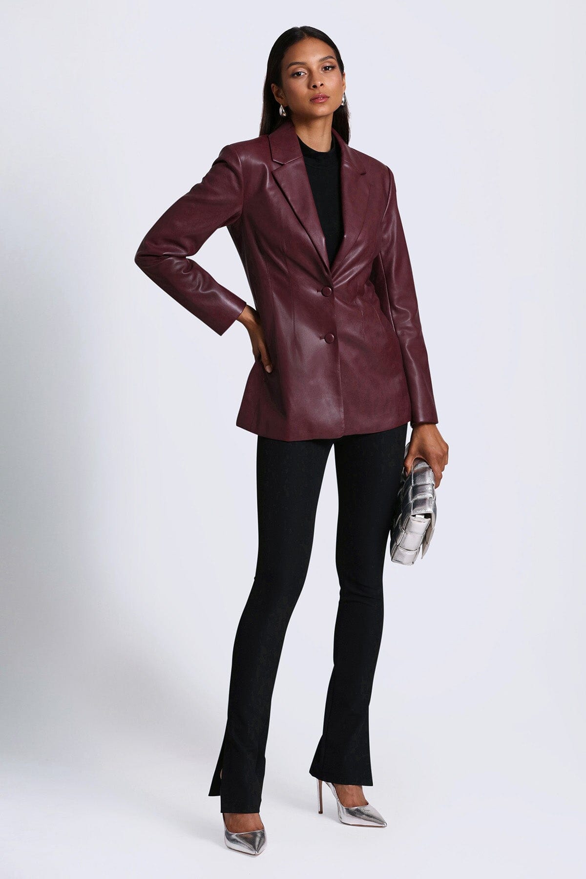 faux ever leather sculpted blazer jacket coat oxblood red - women's figure flattering fall 2023 blazers outerwear