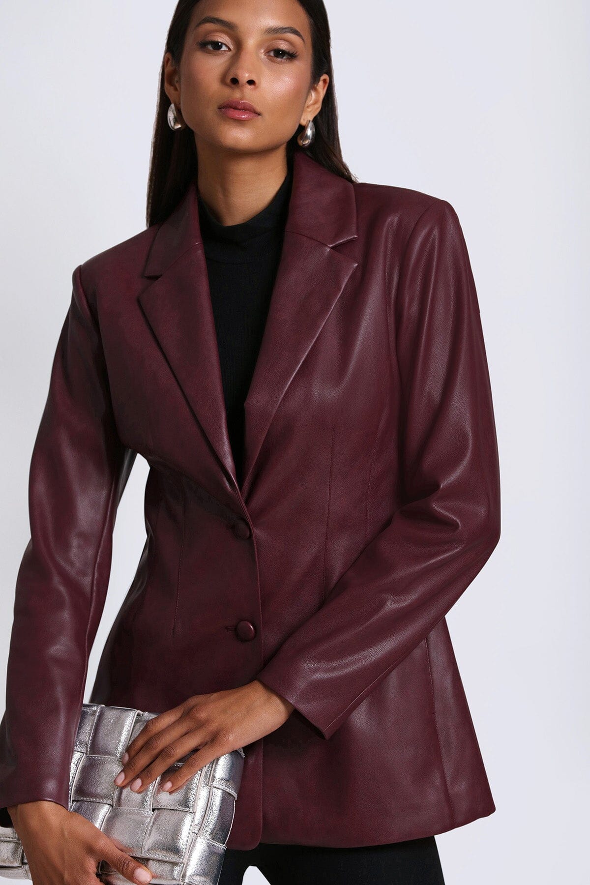faux ever leather sculpted blazer jacket coat oxblood red - figure flattering day to night coats blazers jackets for women