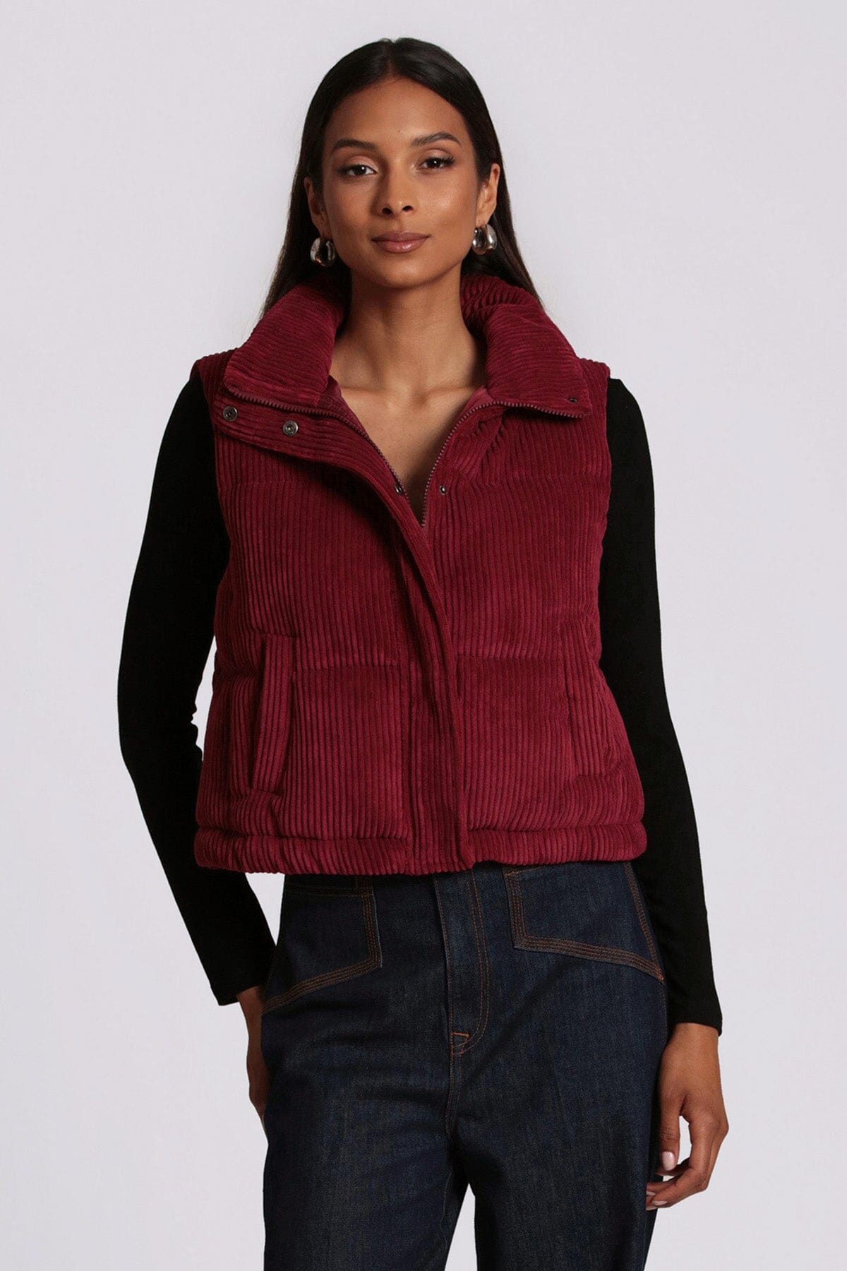 Deep red corduroy puffer vest by Avec Les Filles fashion vests