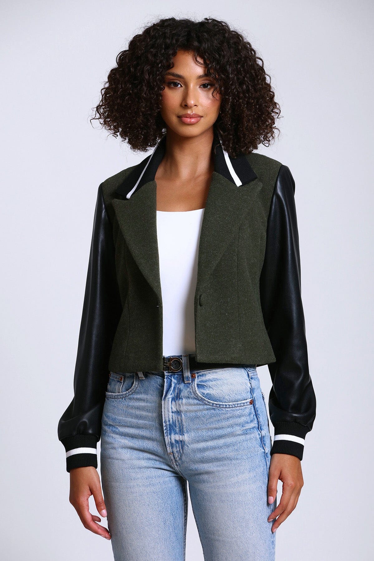mixed media cropped varsity blazer jacket coat olive green and black - figure flattering designer fashion work appropriate coats jackets blazers for women