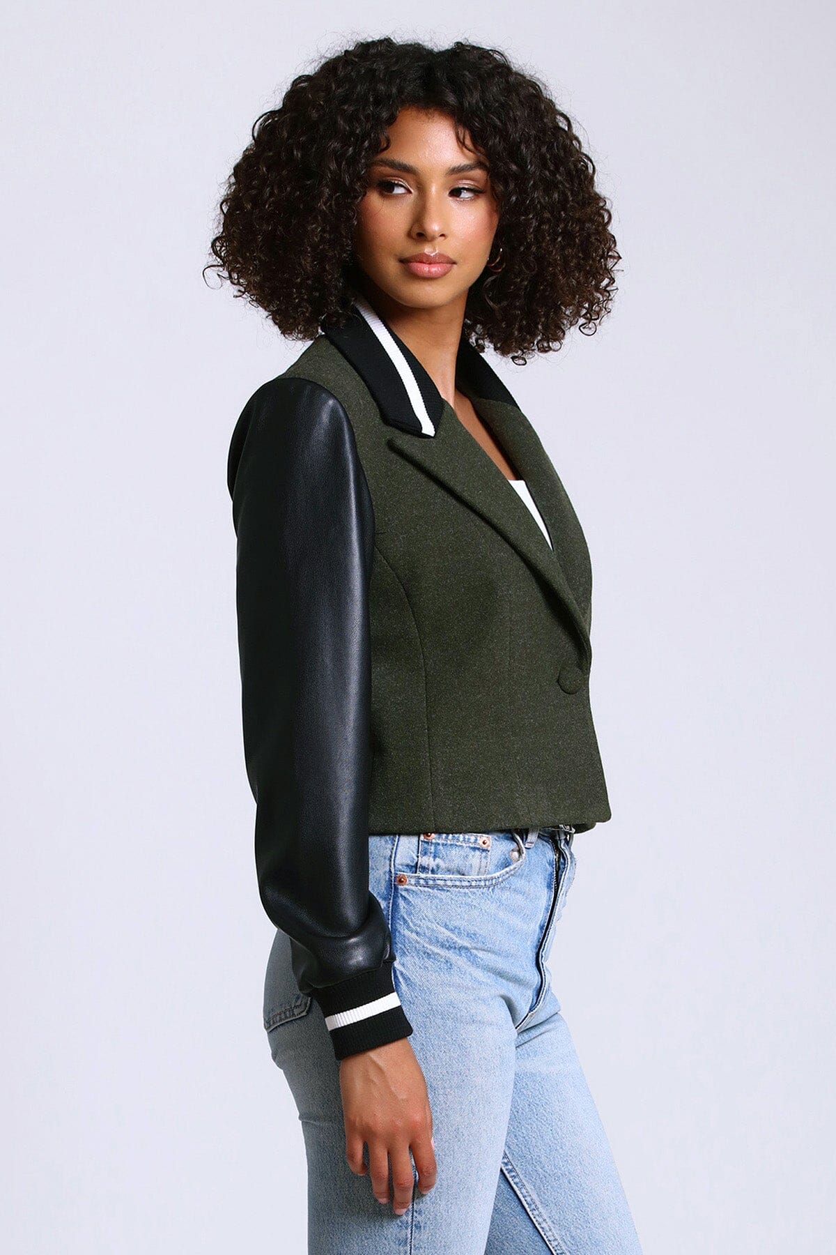 mixed media cropped varsity blazer jacket coat olive green and black - women's figure flattering designer fashion cute blazers coats jackets