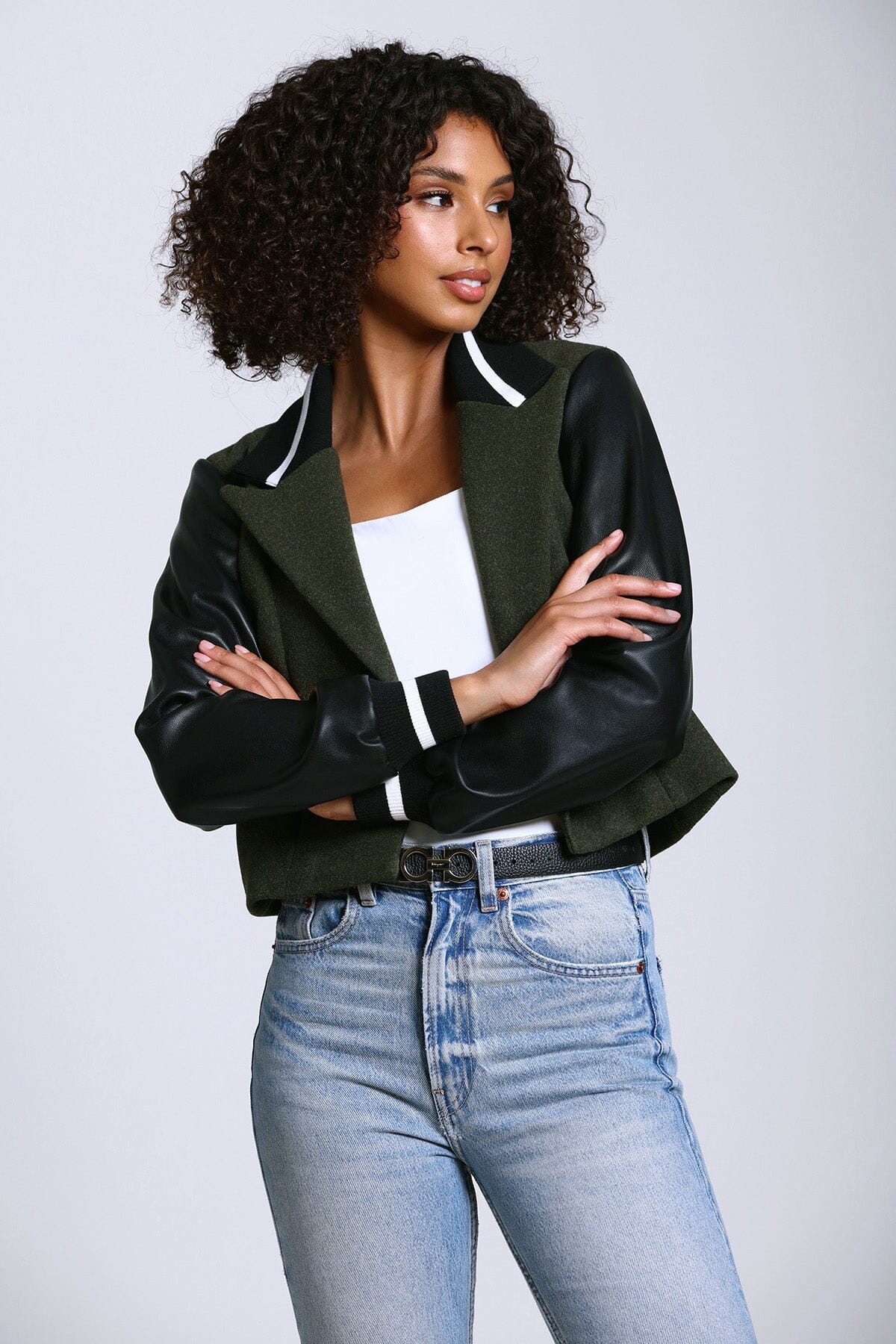 mixed media cropped varsity blazer jacket coat olive green and black - figure flattering designer fashion girls night out blazers coats jackets for women