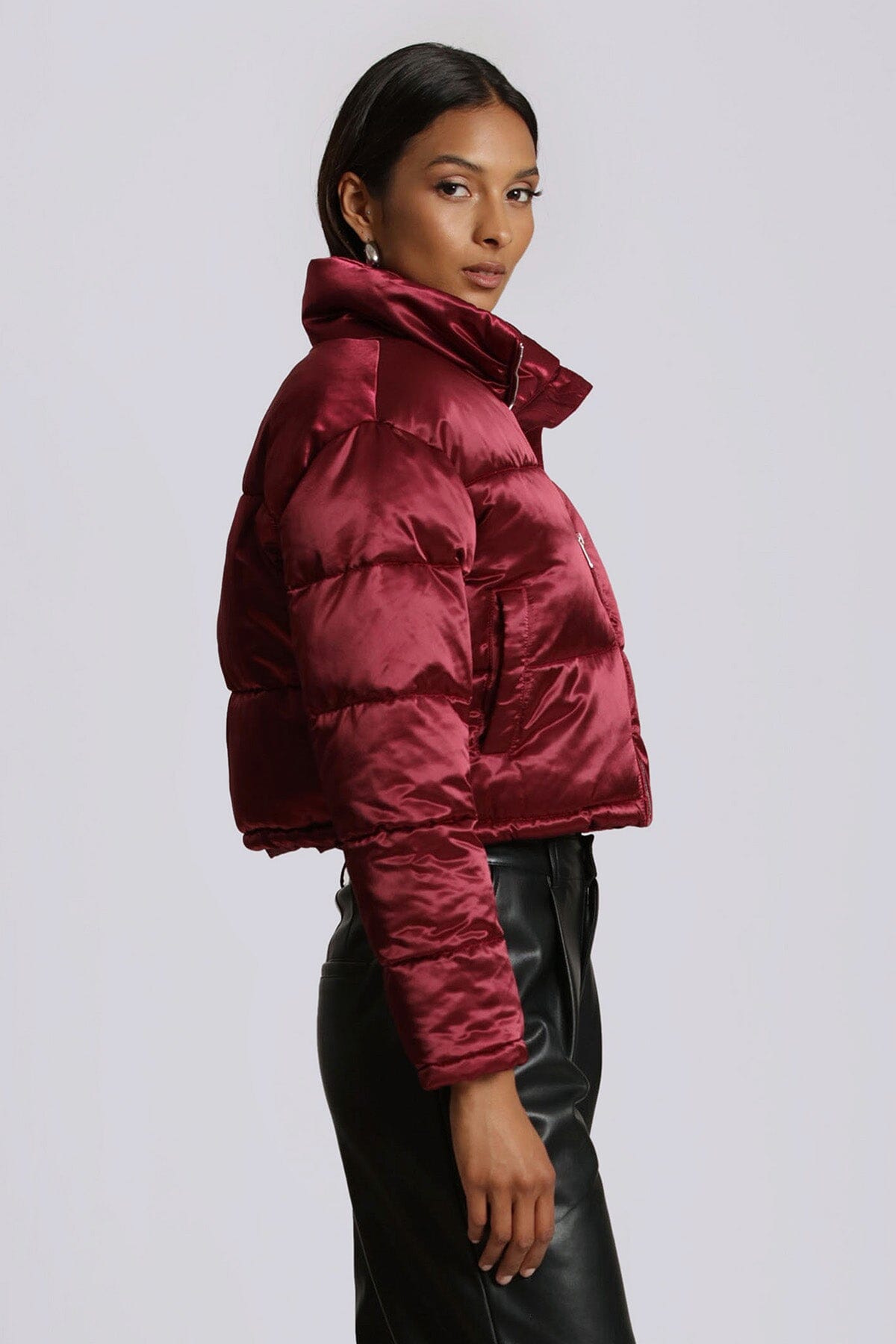 berry red cropped satin puffer jacket coat figure flattering cute puffers outerwear for women