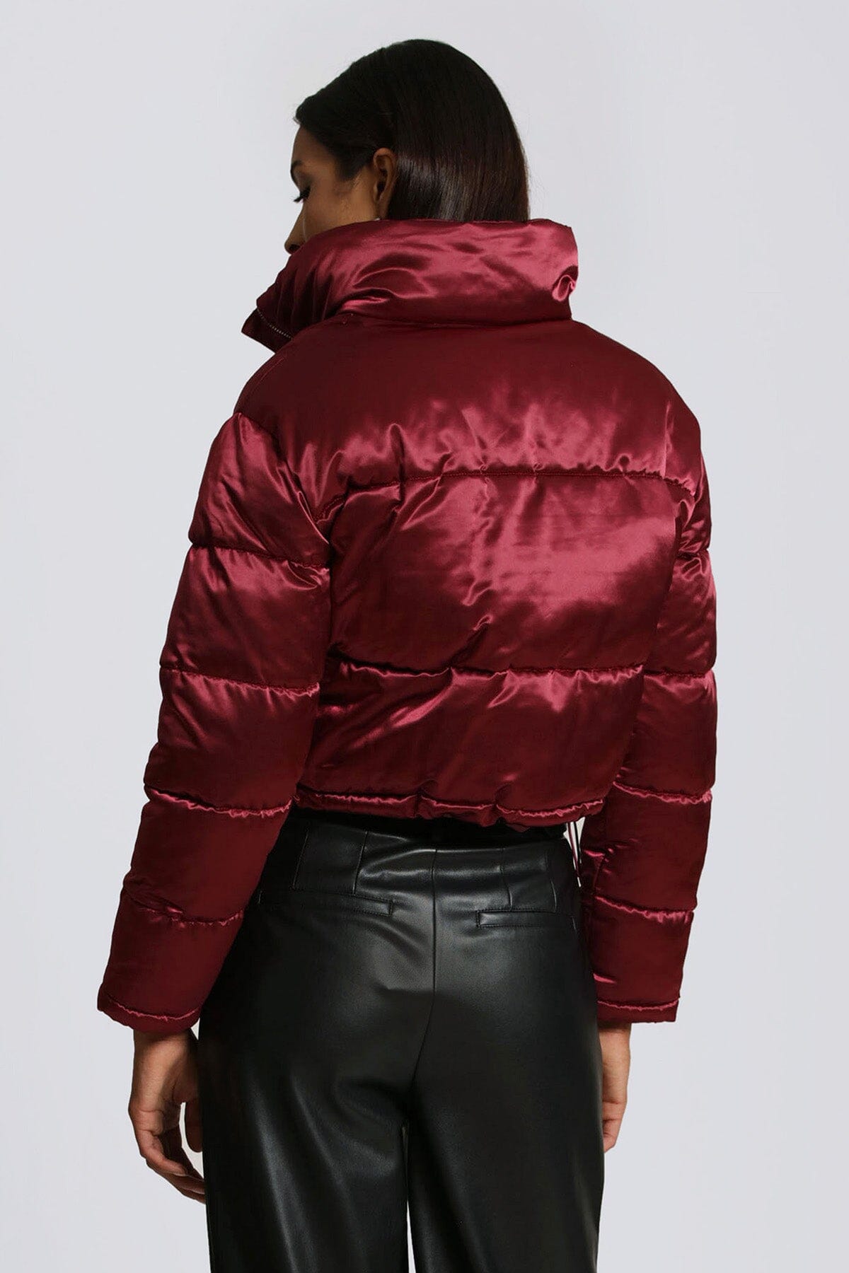berry red cropped satin puffer jacket coat women's figure flattering cute streetwear style jackets coats