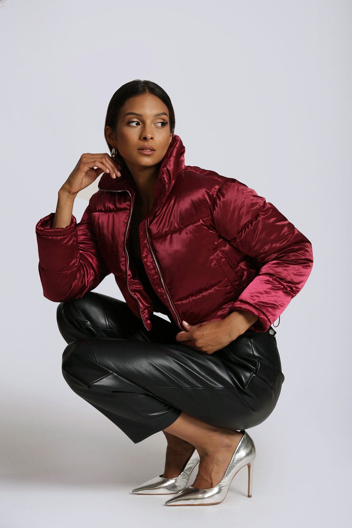 cropped satin puffer jacket coat in berry red - figure flattering date night puffers jackets for women