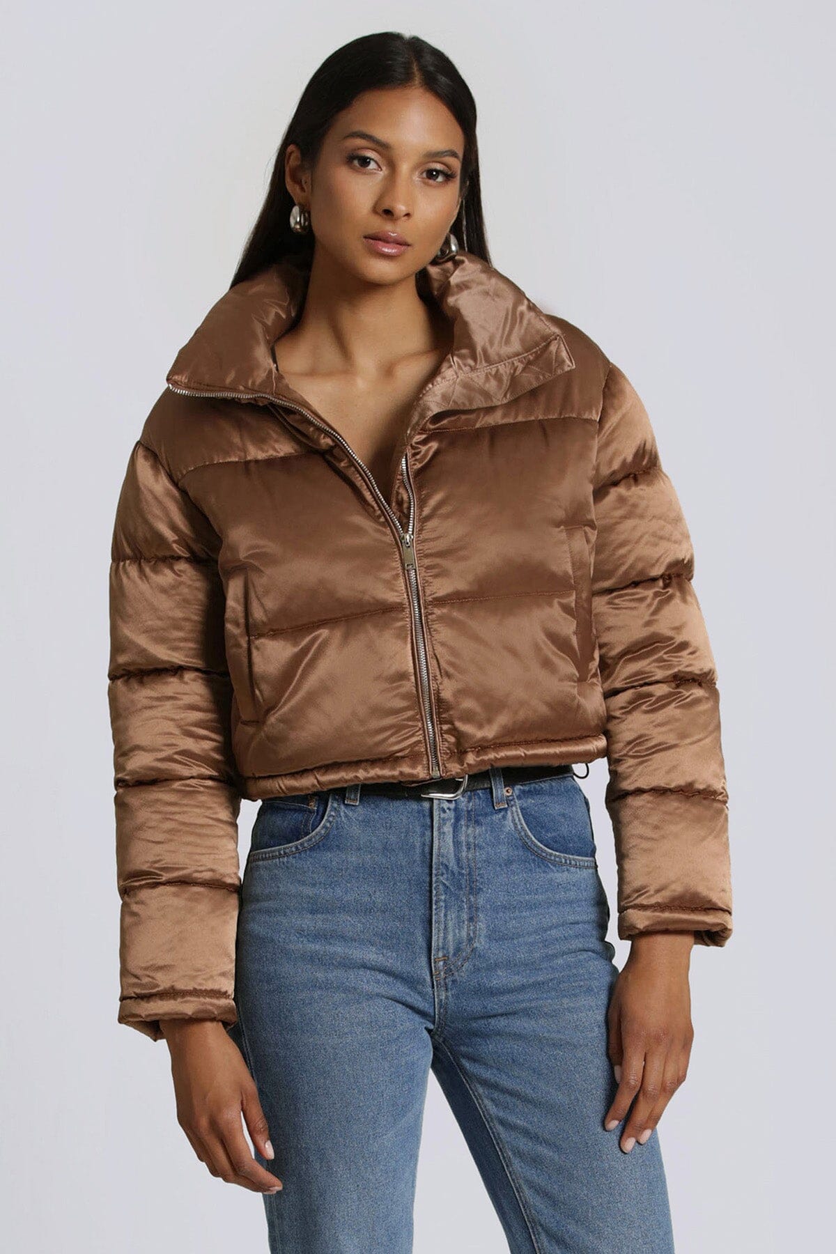 cropped satin puffer jacket coat copper brown - figure flattering cute office to date night outerwear for women