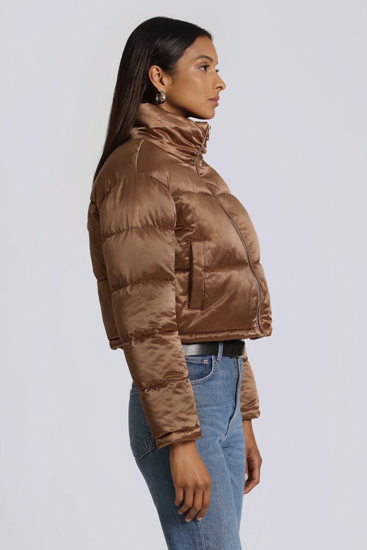 copper brown cropped satin puffer jacket coat women's cute cozy fall jackets