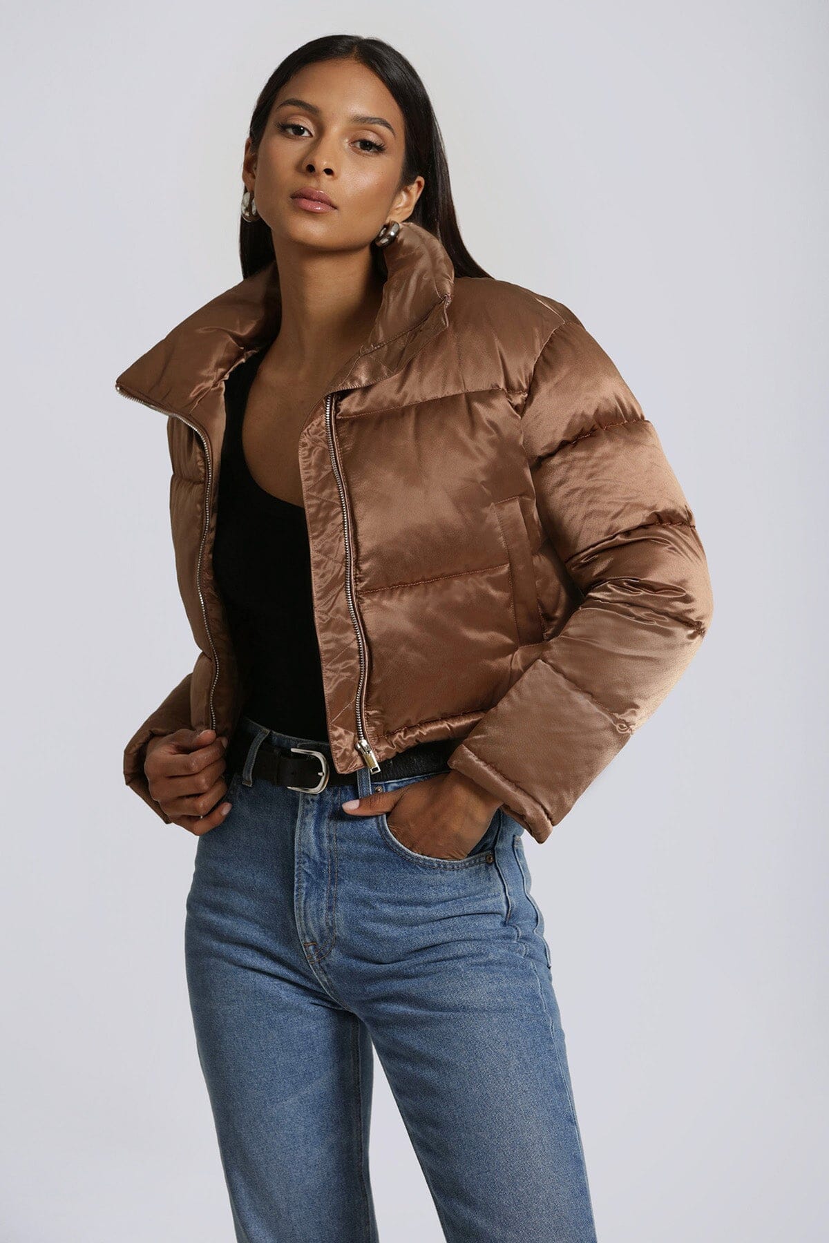 copper brown cropped satin puffer jacket coat figure flattering day date outerwear for women