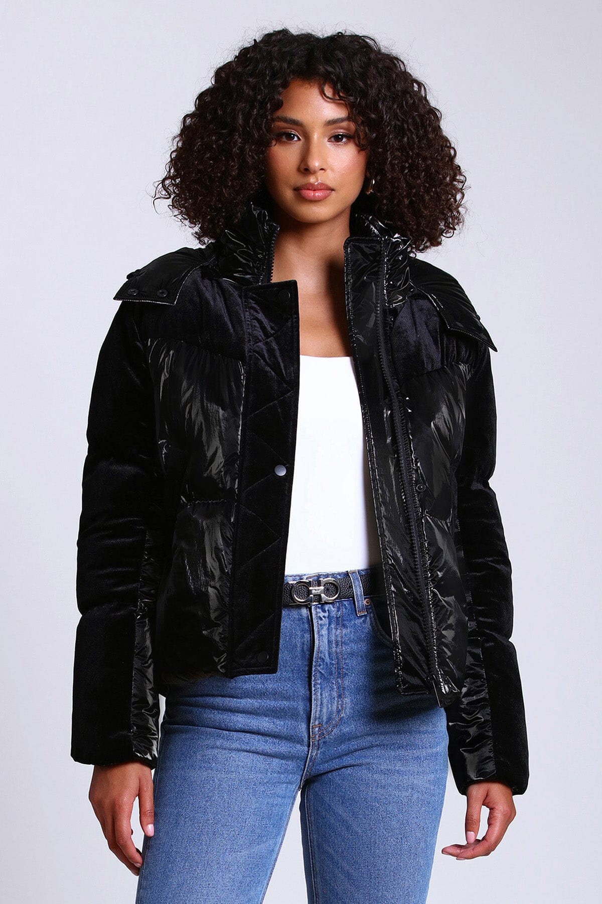 Black mixed media velvet puffer jacket coat - women's figure flattering street style coats jackets for Fall 2023 fashion trends