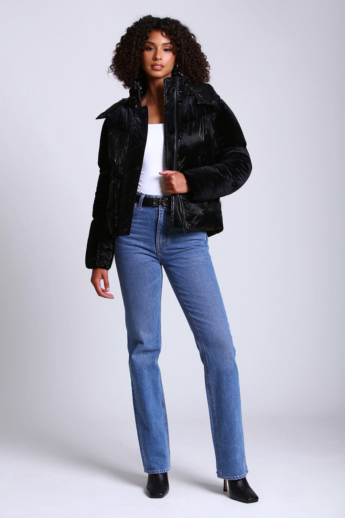 Black mixed media velvet puffer jacket coat - figure flattering Fall 2023 puffers jackets for women by Avec Les Filles