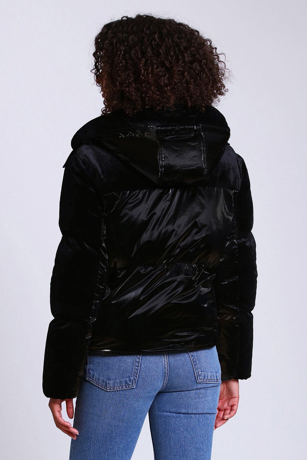 Black mixed media velvet puffer jacket coat - figure flattering cozy coats jackets for ladies