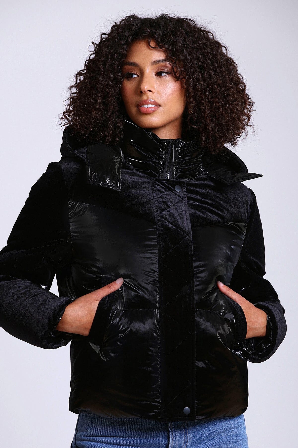 Black mixed media velvet puffer jacket coat - figure flattering day to night puffers coats jackets for ladies