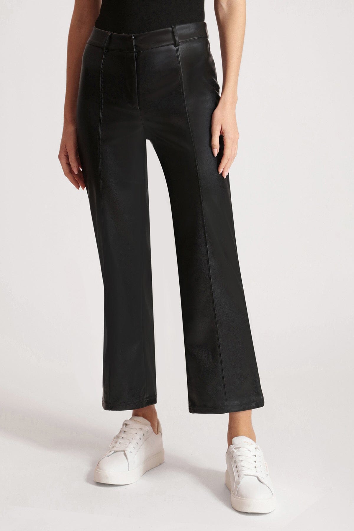 Women's black figure flattering faux ever leather wide leg cropped trouser pants for Fall fashion by Avec Les Filles