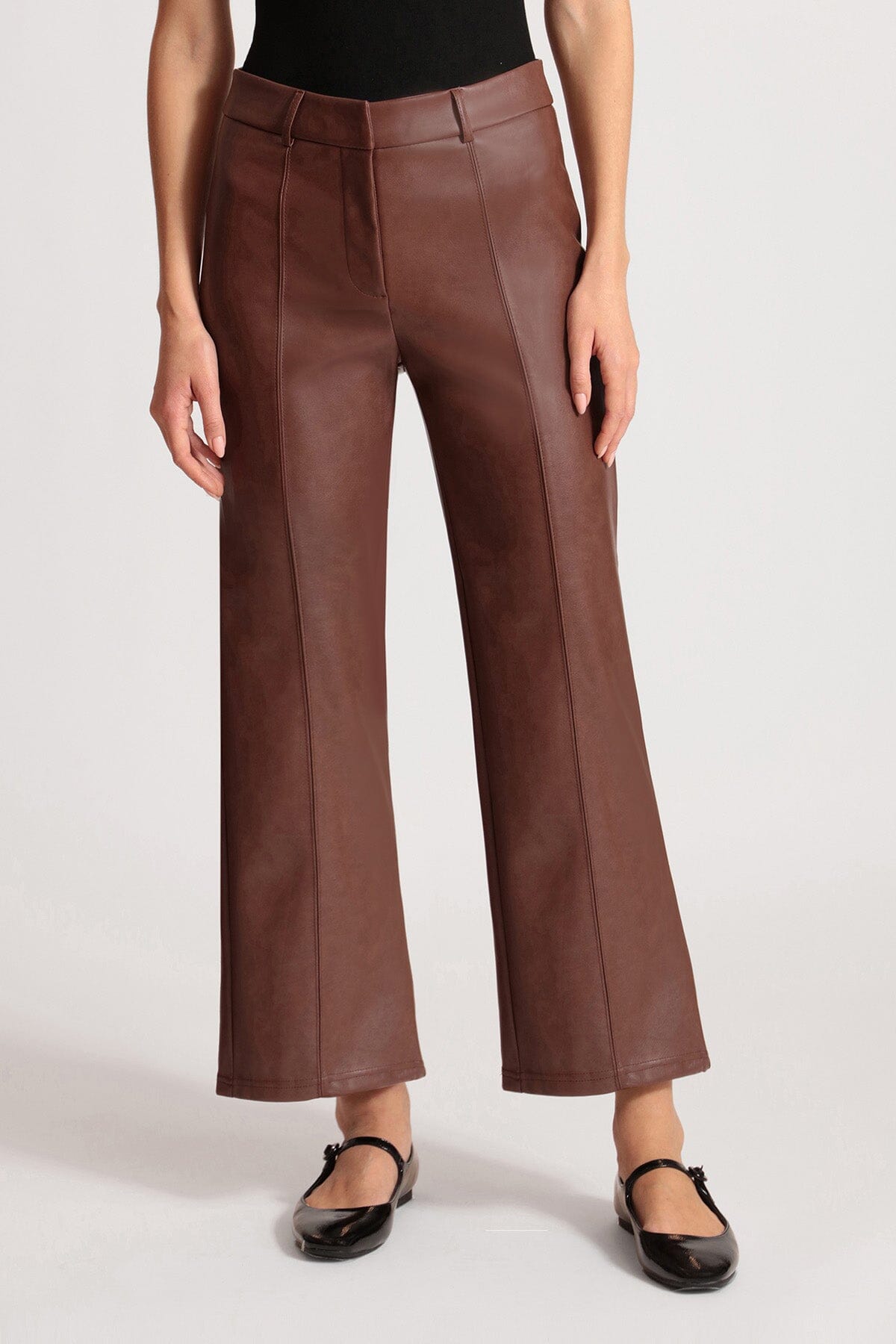 women's faux vegan leather walnut brown wide leg cropped trouser pants Avec Les Filles 