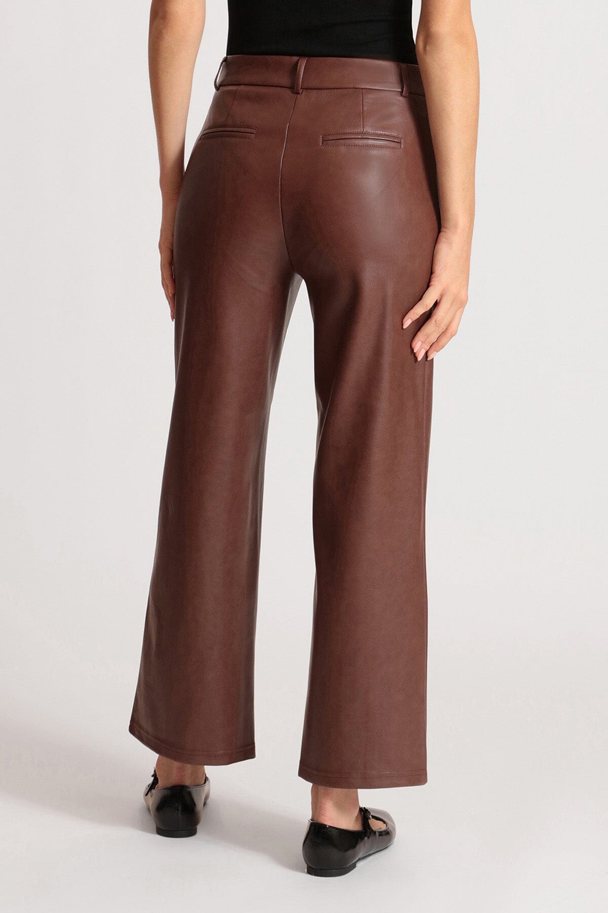 women's faux vegan leather walnut brown wide leg cropped trouser pants Avec Les Filles