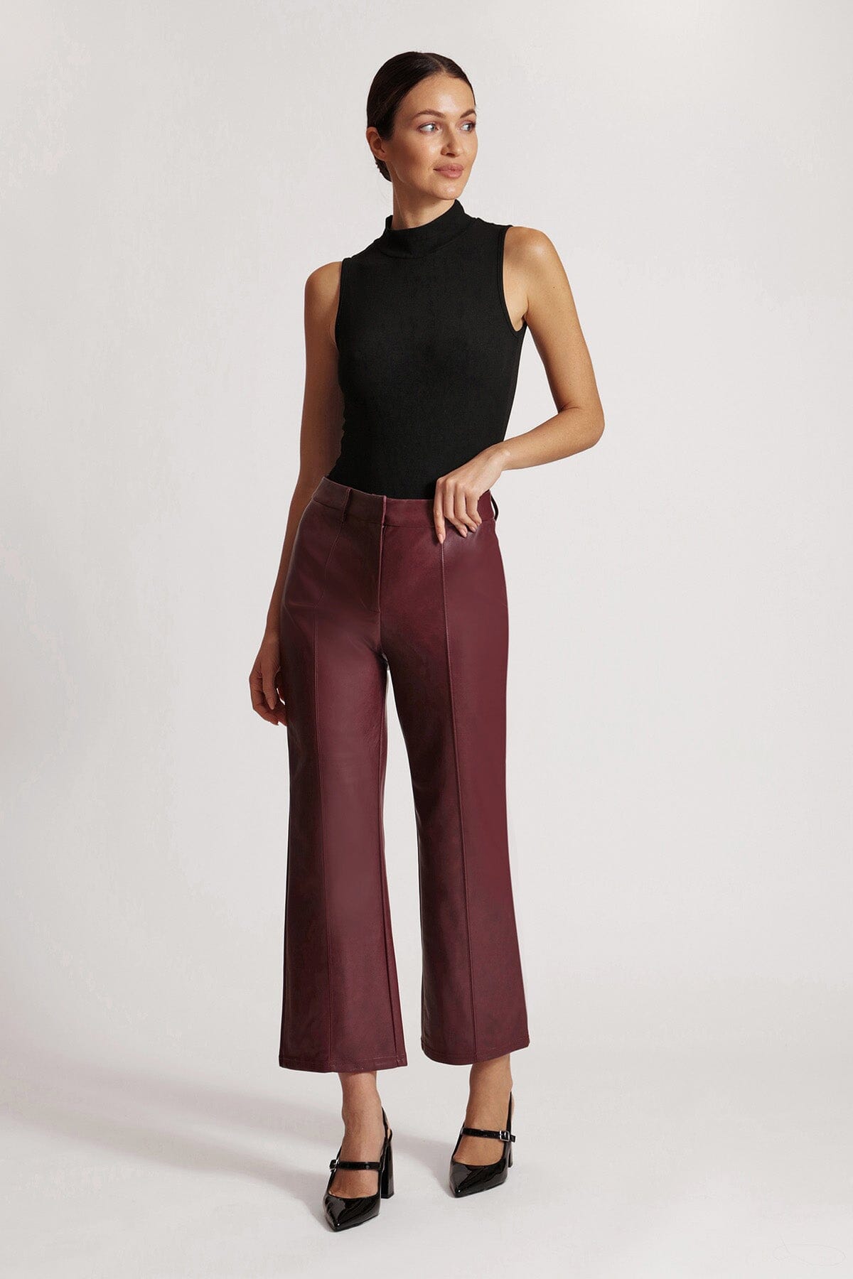 women's faux vegan leather dark red wide leg cropped trouser pants Avec Les Filles 