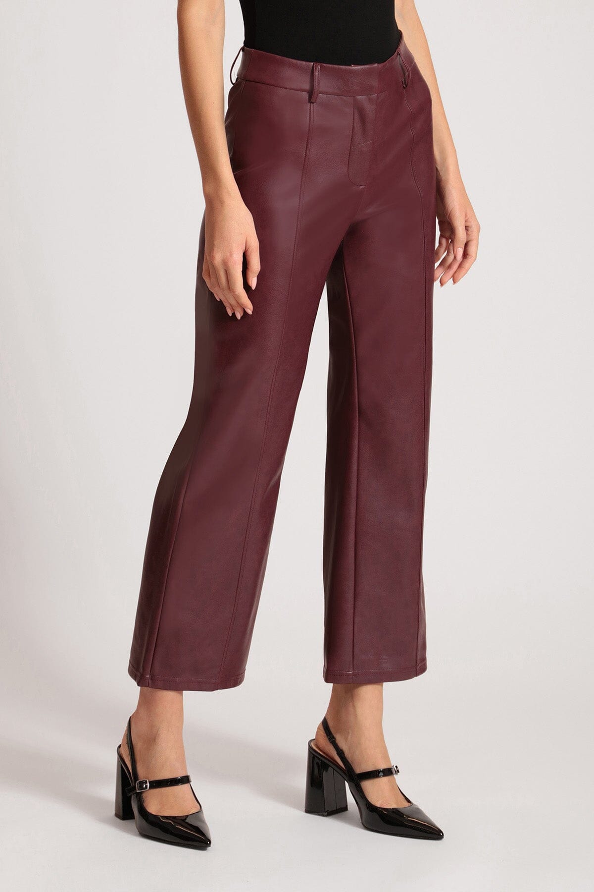 women's faux vegan leather zinfandel dark red wide leg cropped trouser pants Avec Les Filles 