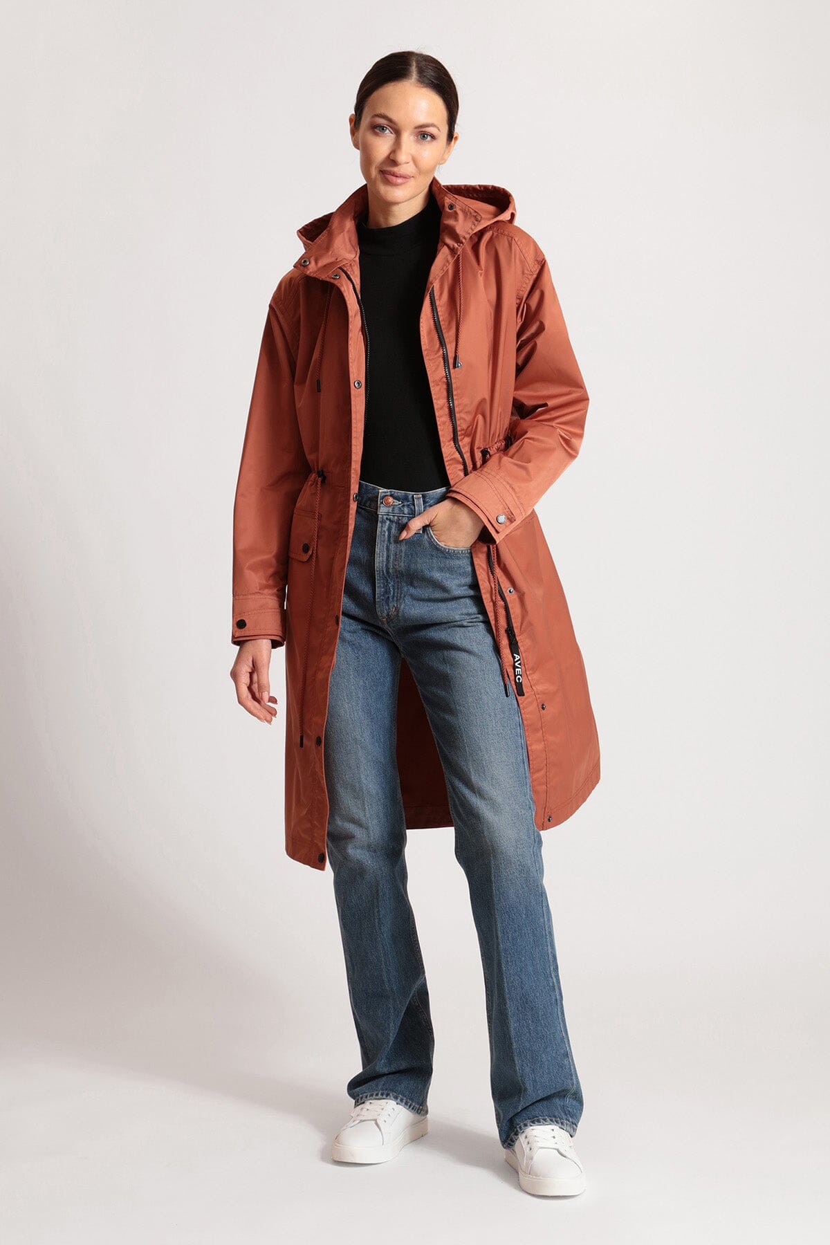 Rust orange relaxed water resistant rain anorak coat jacket - figure flattering day to night raincoats outerwear for women