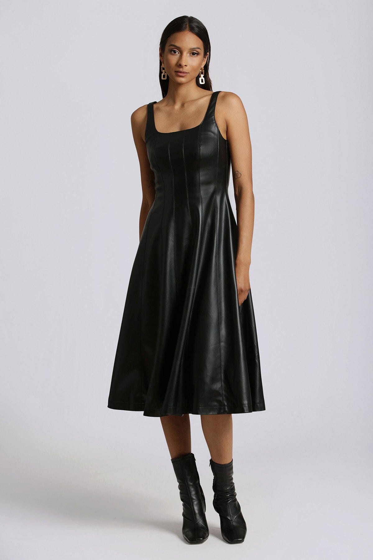 faux ever leather fit and flare midi dress black - women's figure flattering designer fashion semi-formal dresses 