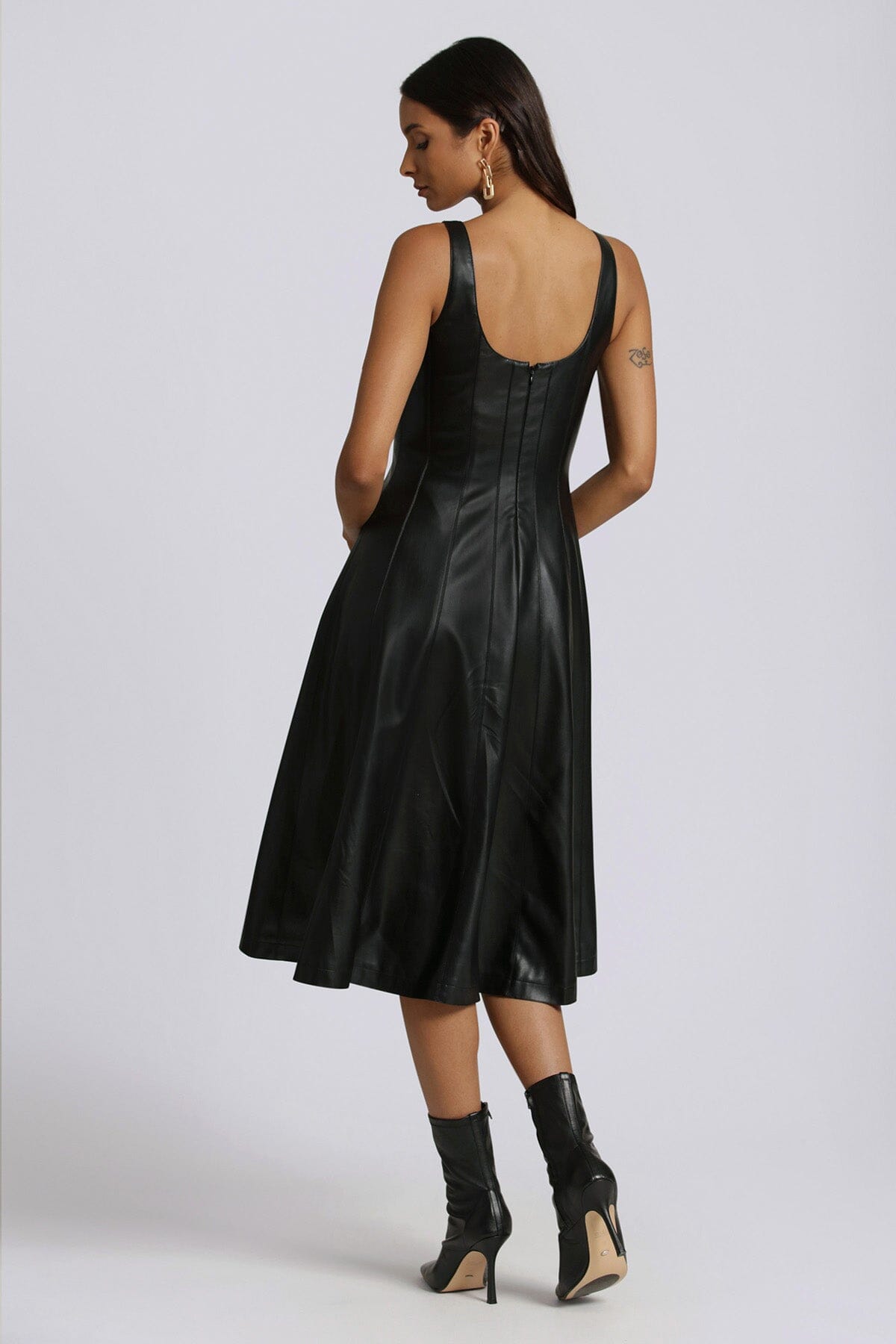 faux ever leather fit and flare midi dress black - women's figure flattering designer fashion fall 2023 dresses 