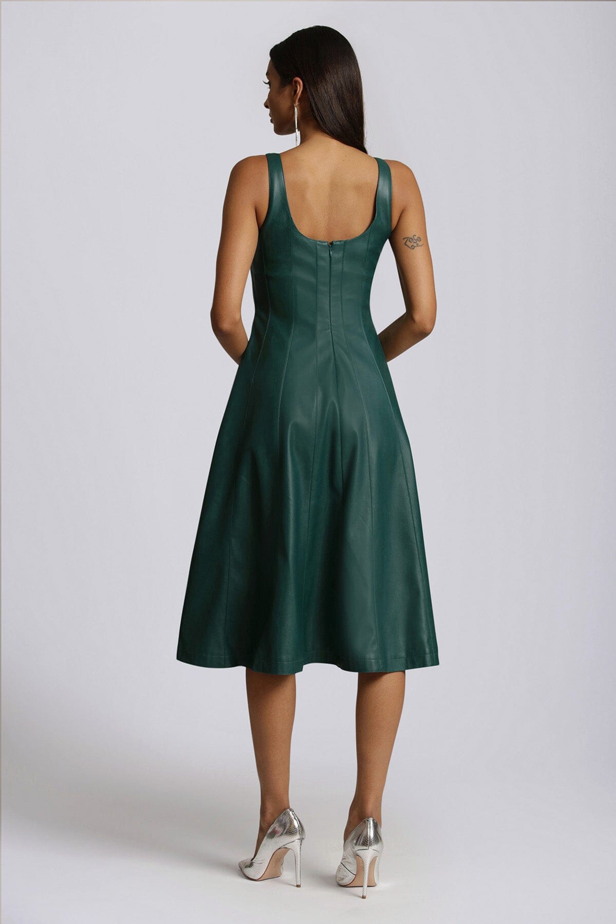 faux ever leather fit and flare midi dress pine green - figure flattering designer fashion semi-formal dresses for women