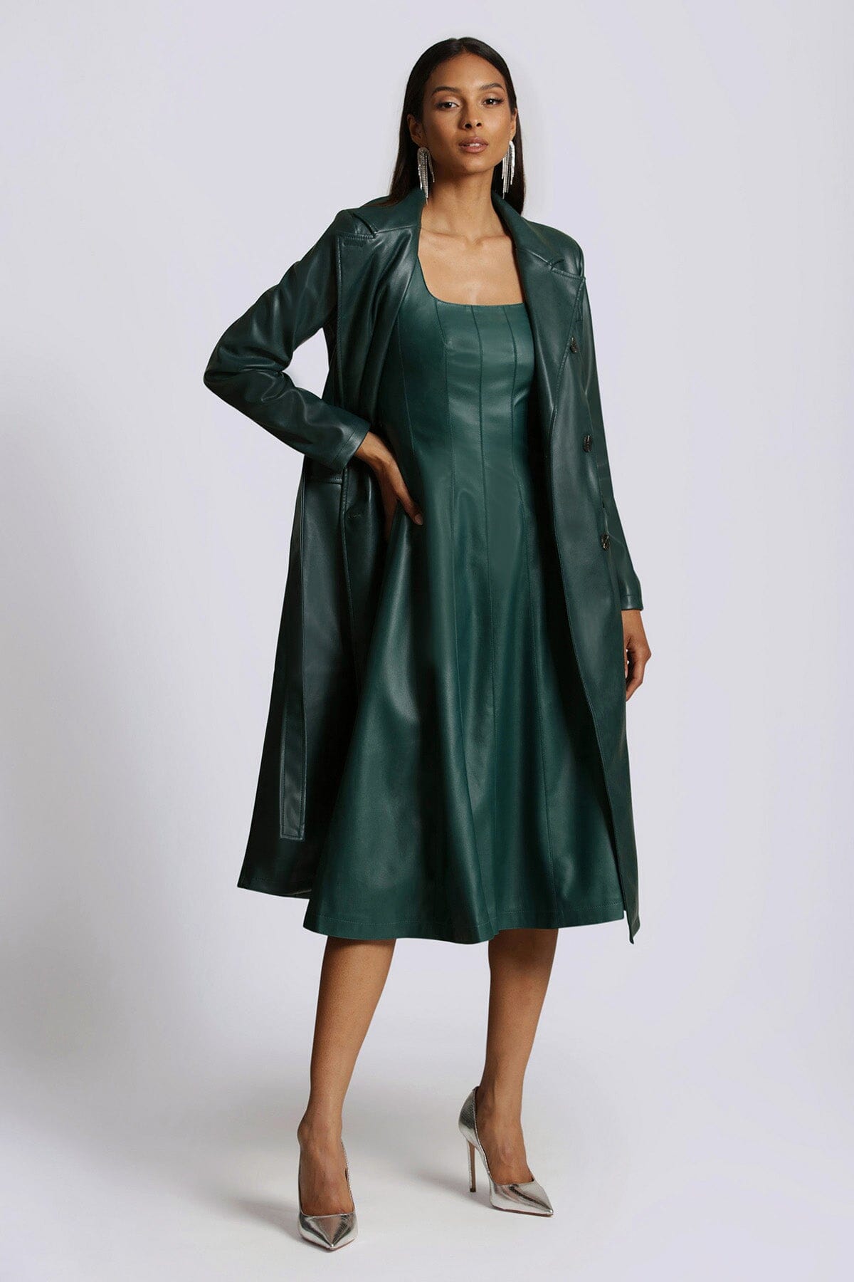 faux ever leather fit and flare midi dress pine green - figure flattering designer fashion date night dresses for women