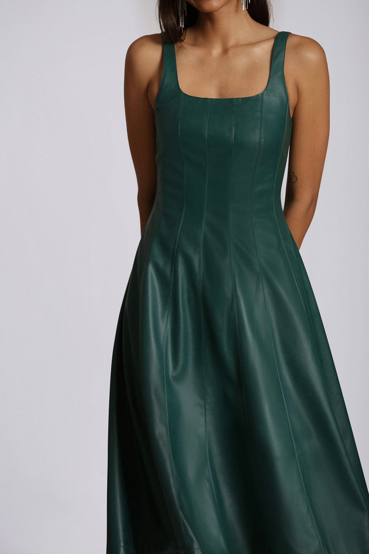 faux ever leather fit and flare midi dress pine green - women's figure flattering designer fashion office to date night dresses for women