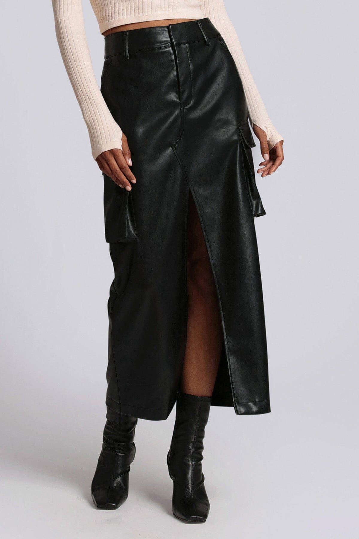 black faux ever leather maxi cargo skirt - women's figure flattering designer fashion date night skirts