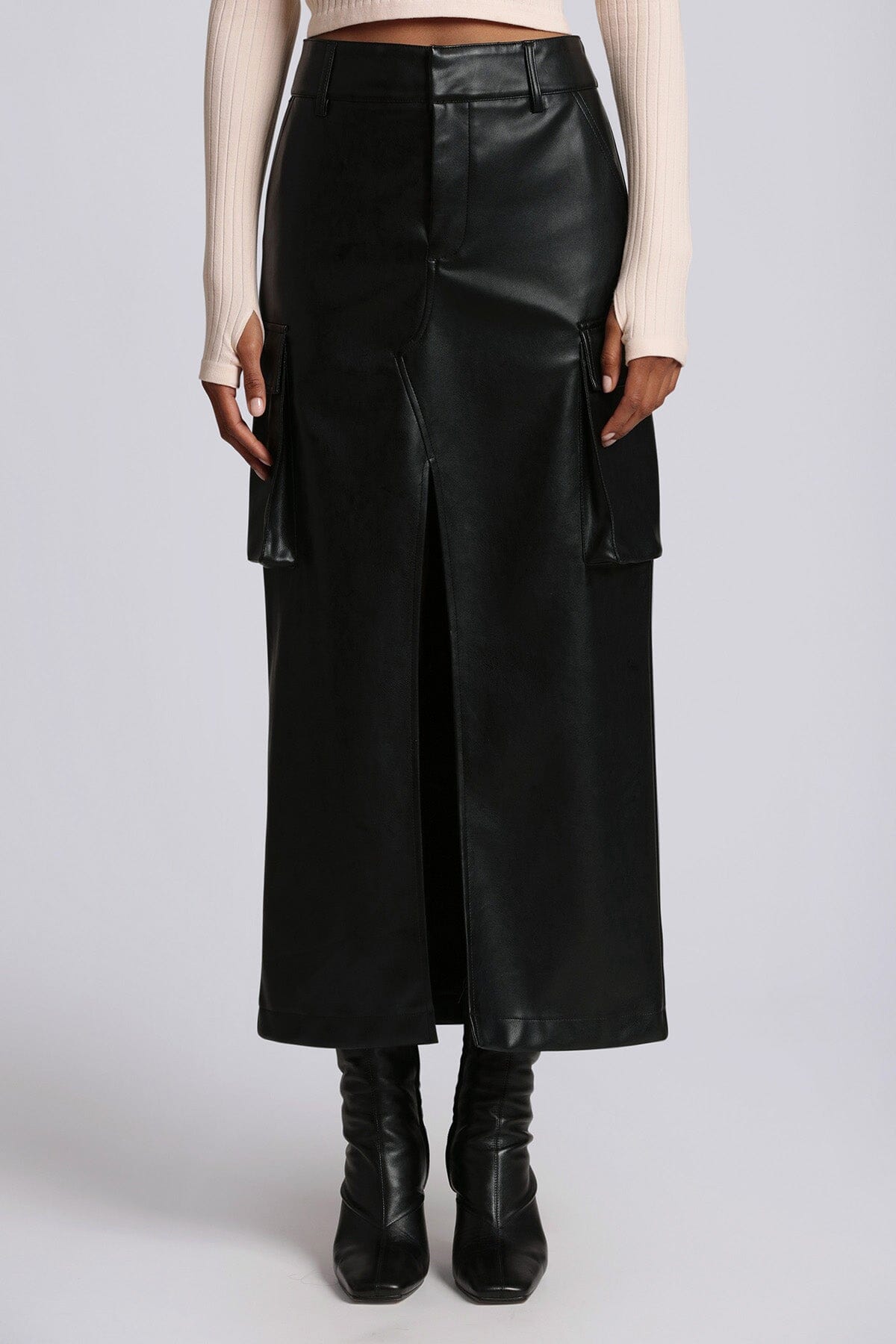 black faux ever leather maxi cargo skirt - figure flattering designer fashion streetwear style long skirts for women