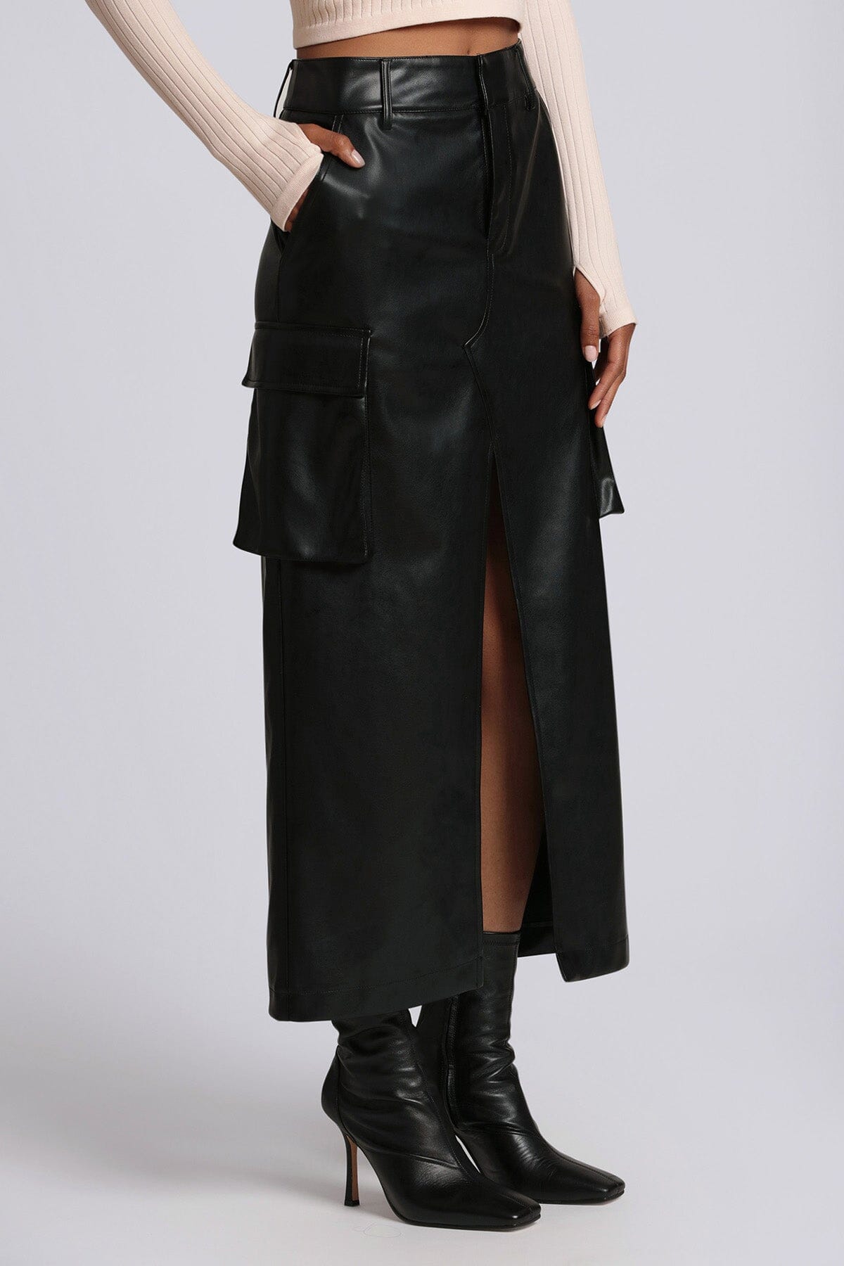 black faux ever leather maxi cargo skirt - women's figure flattering designer fashion day to night skirts 