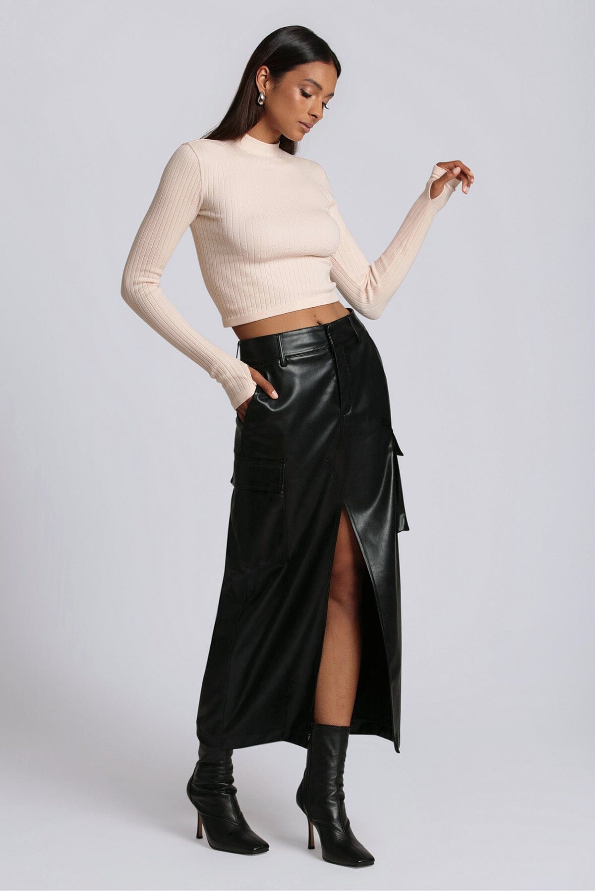 black faux ever leather maxi cargo skirt - women's figure flattering designer fashion fall 2023 long skirts