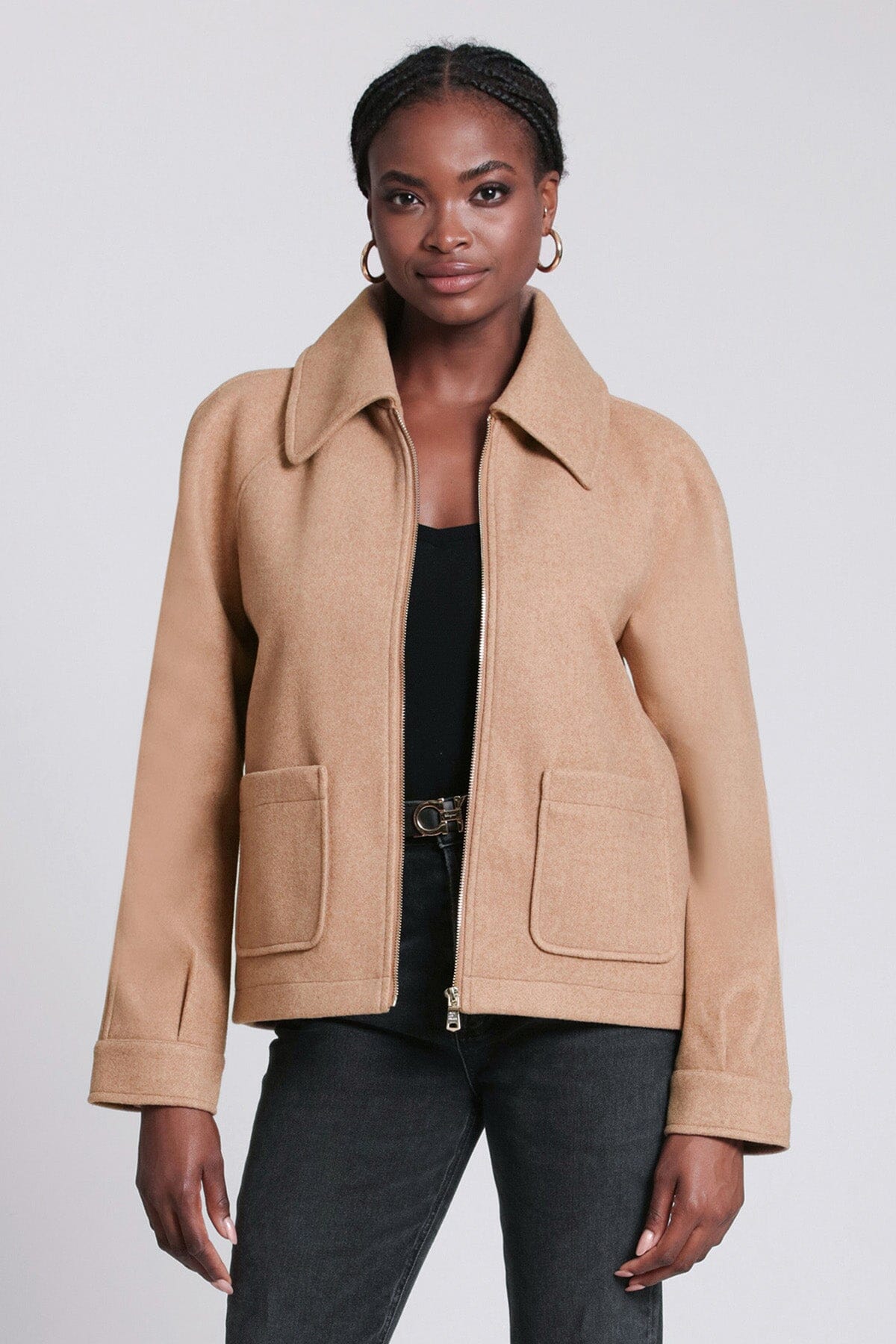 relaxed zip front jacket coat camel beige - women's flattering designer fashion office to date night coats jackets
