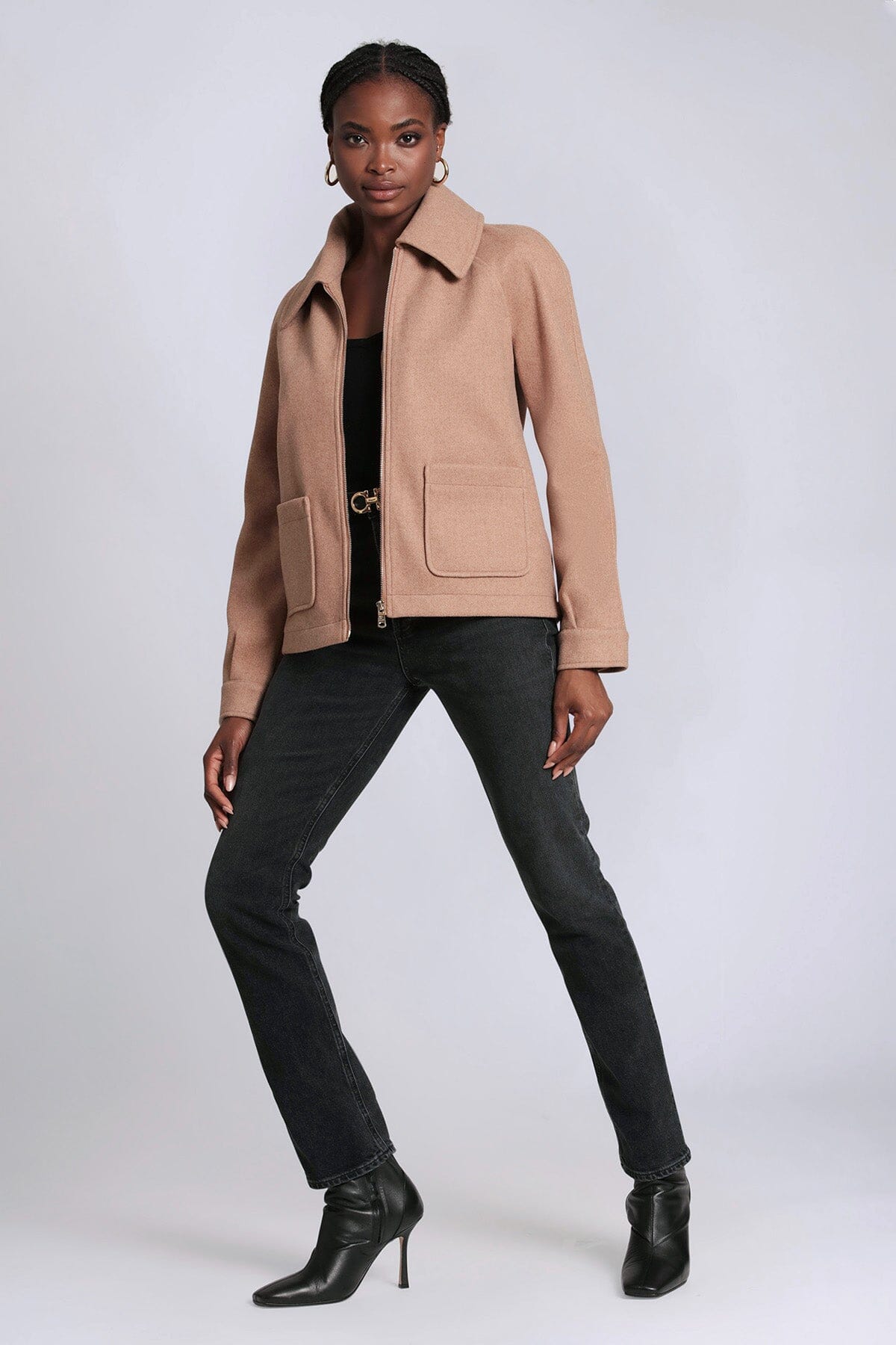 relaxed zip front jacket coat camel beige - figure flattering designer fashion work appropriate coats jackets for women