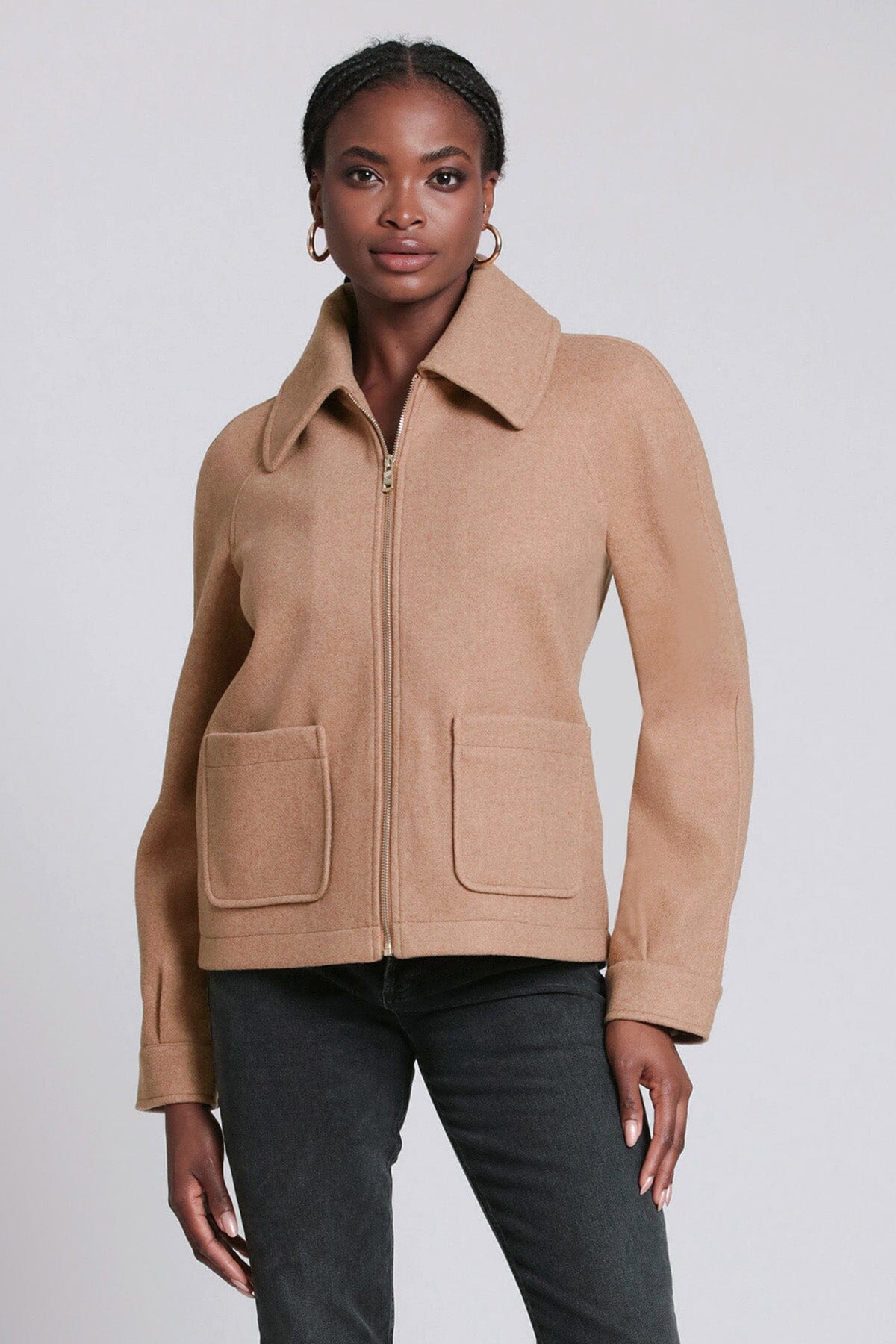 relaxed zip front jacket coat camel beige - figure flattering designer fashion day to night coats jackets for women