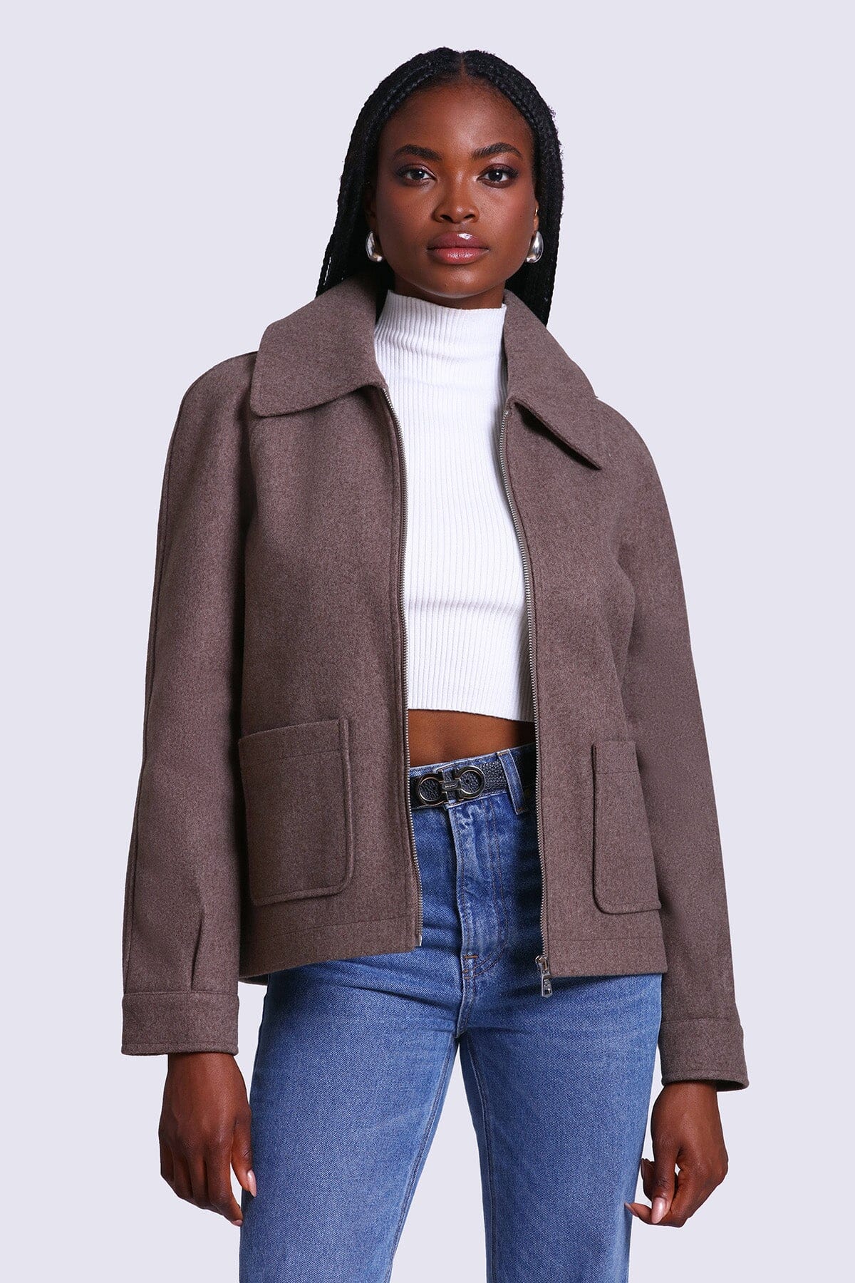 relaxed zip front jacket coat mocha brown - women's figure flattering  on the go coats jackets