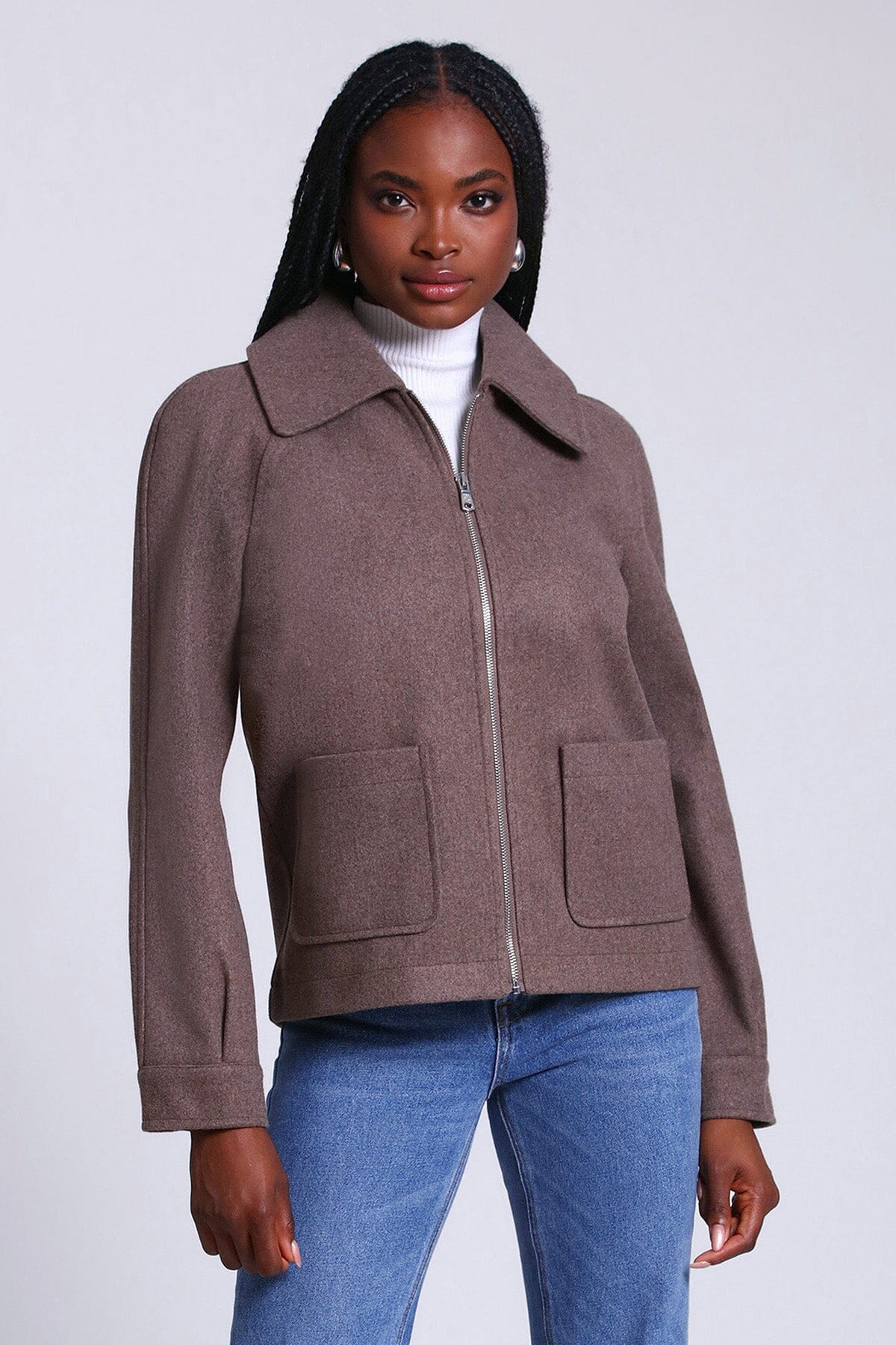 relaxed zip front jacket coat mocha brown - women's figure flattering designer fashion day to night coats jackets for women