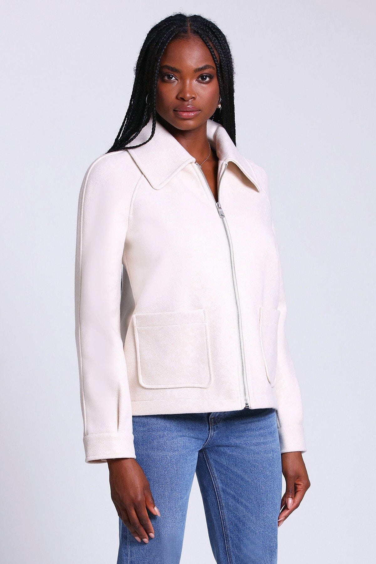relaxed zip front jacket coat ivory white - figure flattering designer fashion work appropriate coats jackets for women